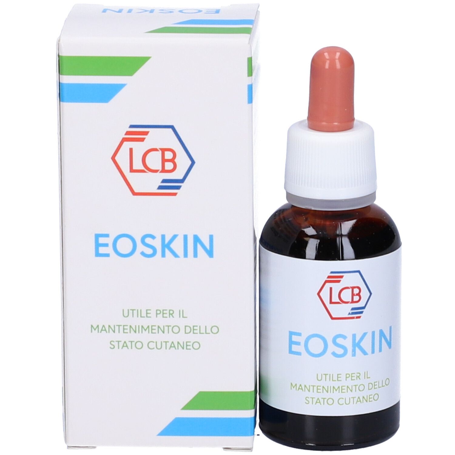 Flacone di vetro marrone e scatola bianca. Scritta: Eoskin. Contagocce rosso.