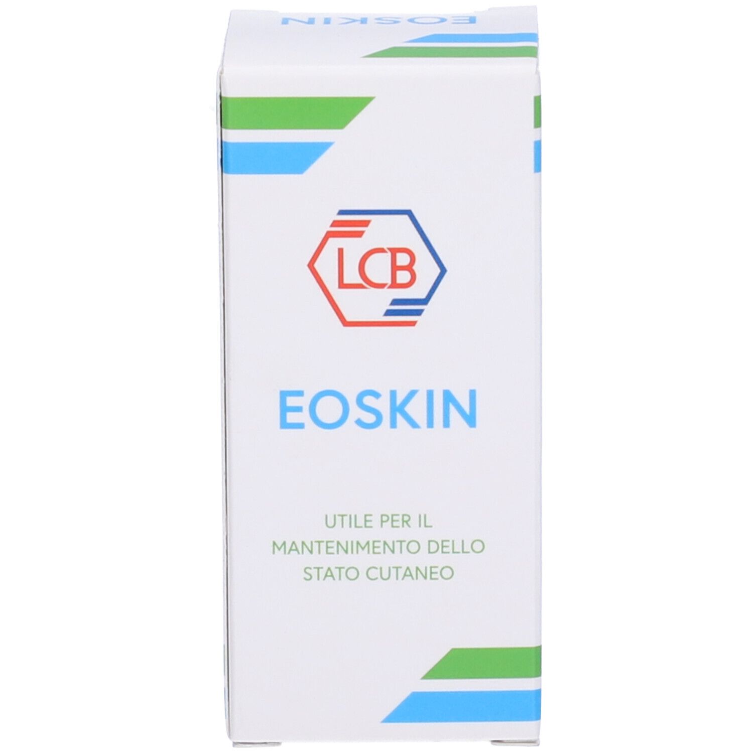 Scatola bianca con strisce blu e verdi. Scritta: Eoskin. Testo sottostante.
