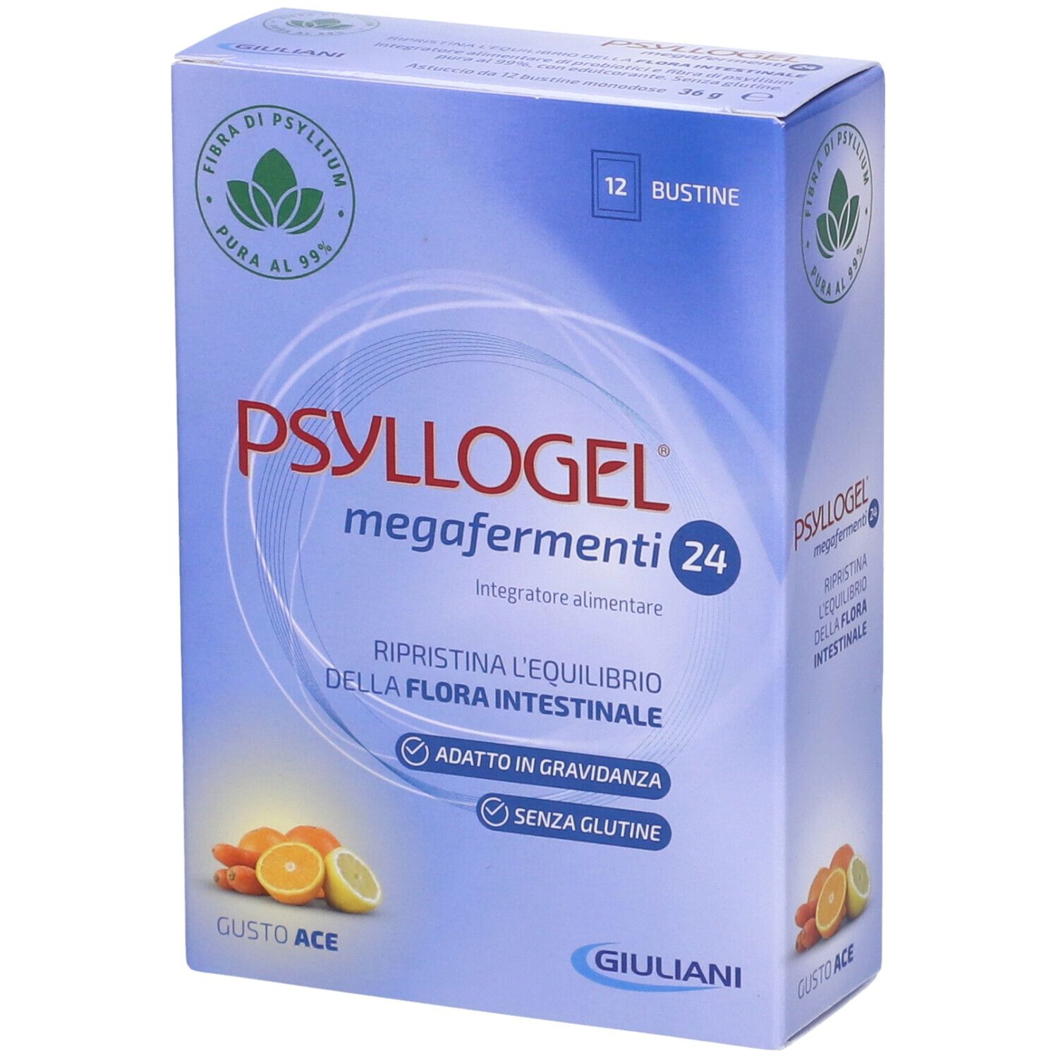 Scatola di PSYLLOGEL megafermenti 24. Confezione blu con nome e logo del prodotto. Contiene 12 bustine.