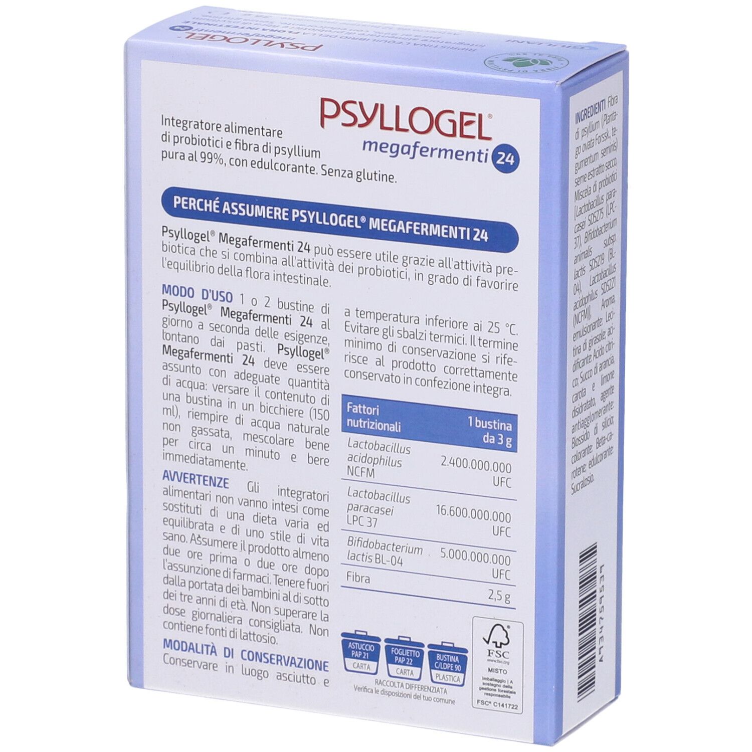 Retro della scatola PSYLLOGEL megafermenti 24. Contiene informazioni sull'uso e informazioni nutrizionali.