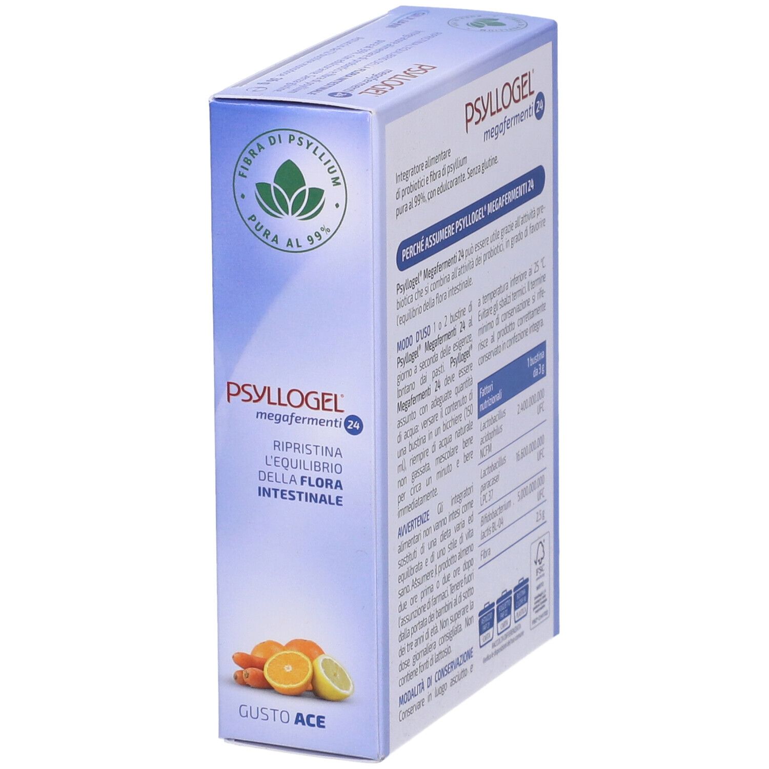 Scatola PSYLLOGEL megafermenti 24, vista obliqua. Confezione blu con nome e logo del prodotto.