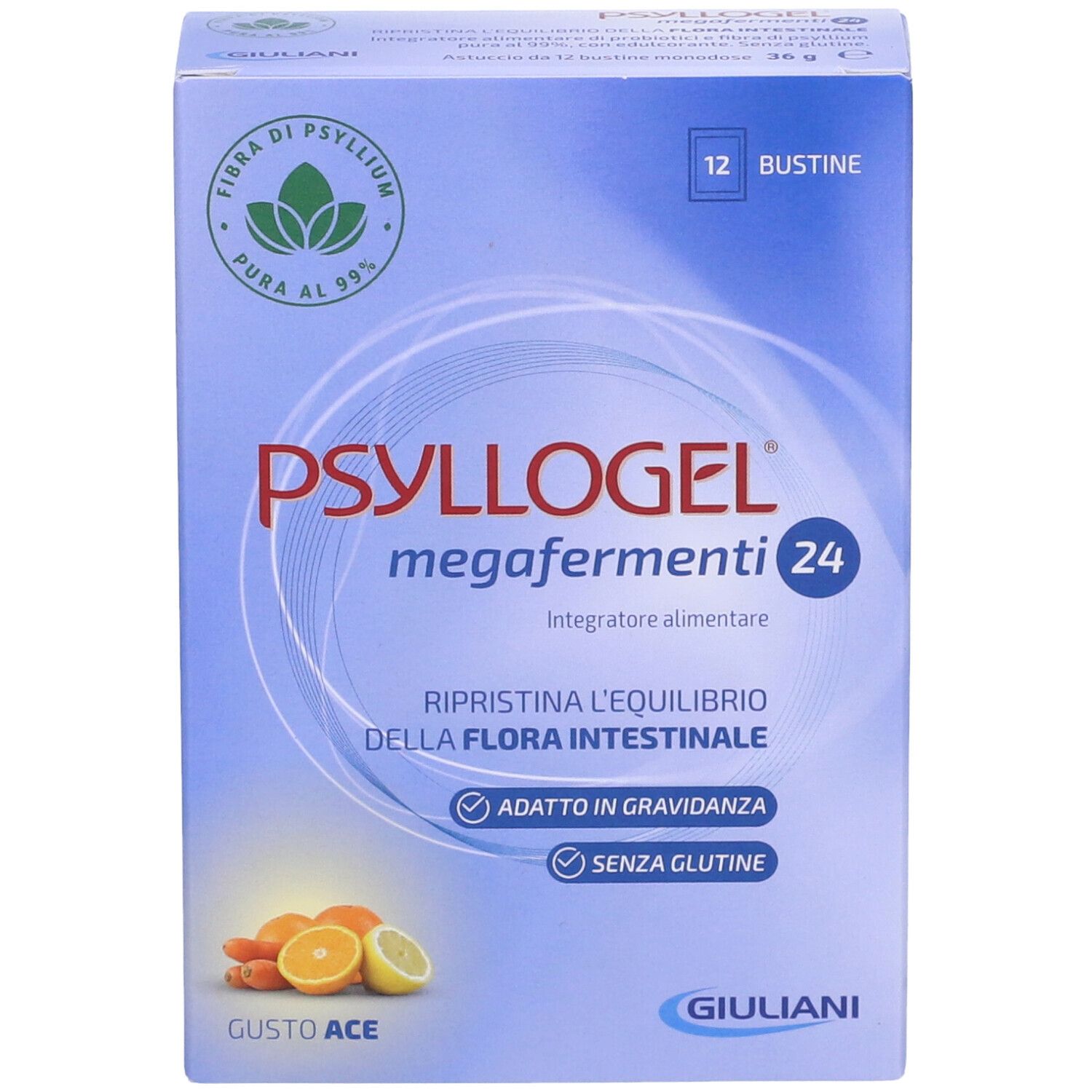 Vista frontale della scatola PSYLLOGEL megafermenti 24. Confezione blu con nome e logo del prodotto. 12 bustine.