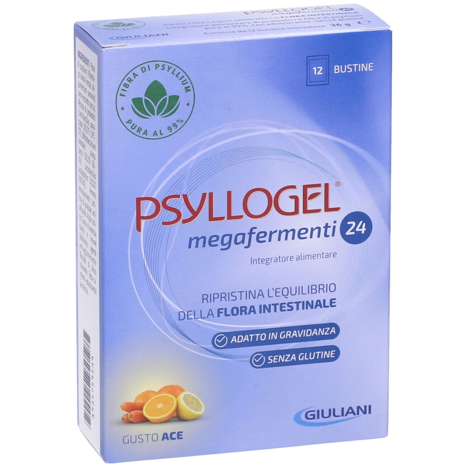 Vista frontale della scatola PSYLLOGEL megafermenti 24. Confezione blu con nome e logo del prodotto. 12 bustine.