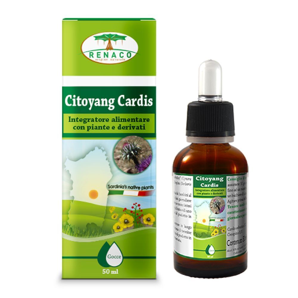 Citoyang Cardis Gocce 50 ml. Flacone e scatola. Flacone contagocce in vetro marrone, scatola verde con informazioni sul prodotto.