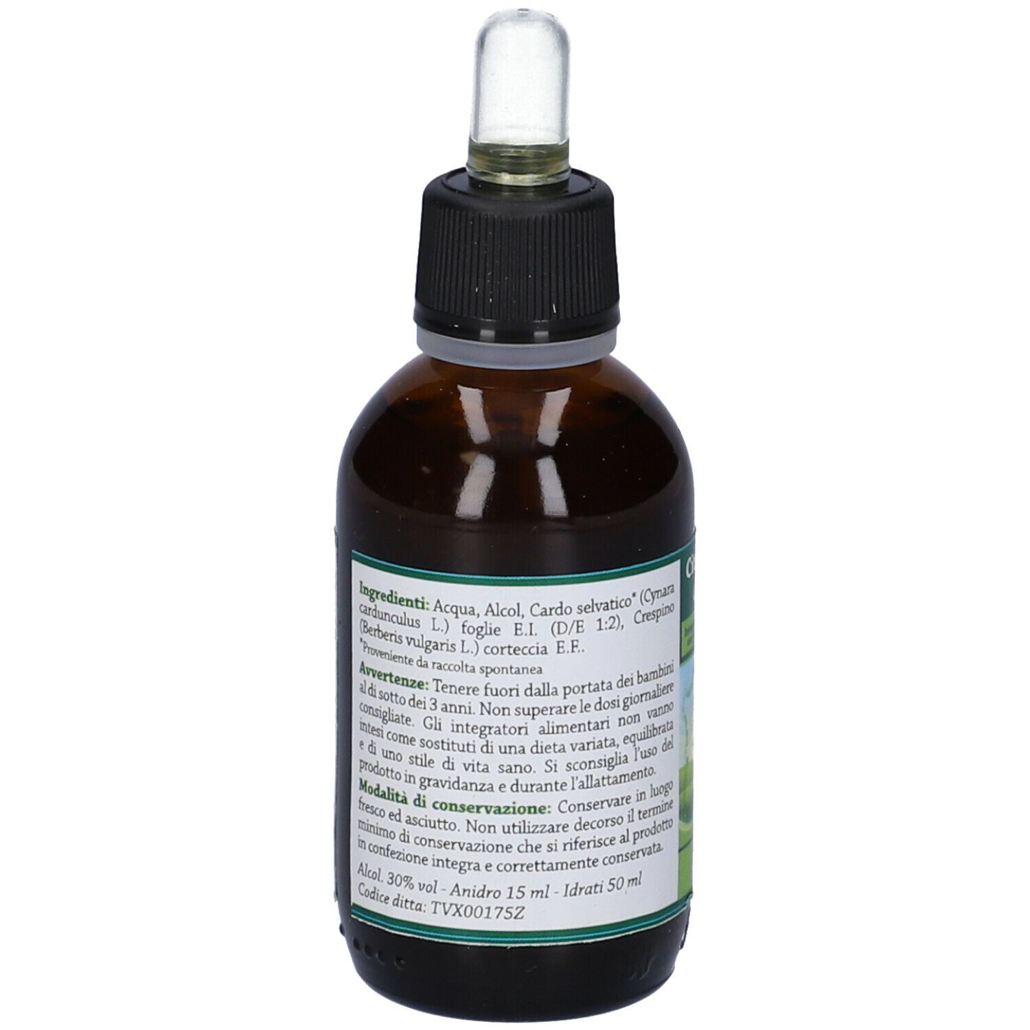 Citoyang Cardis Gocce 50 ml. Retro del flacone con ingredienti e avvertenze. Vetro marrone, tappo nero.