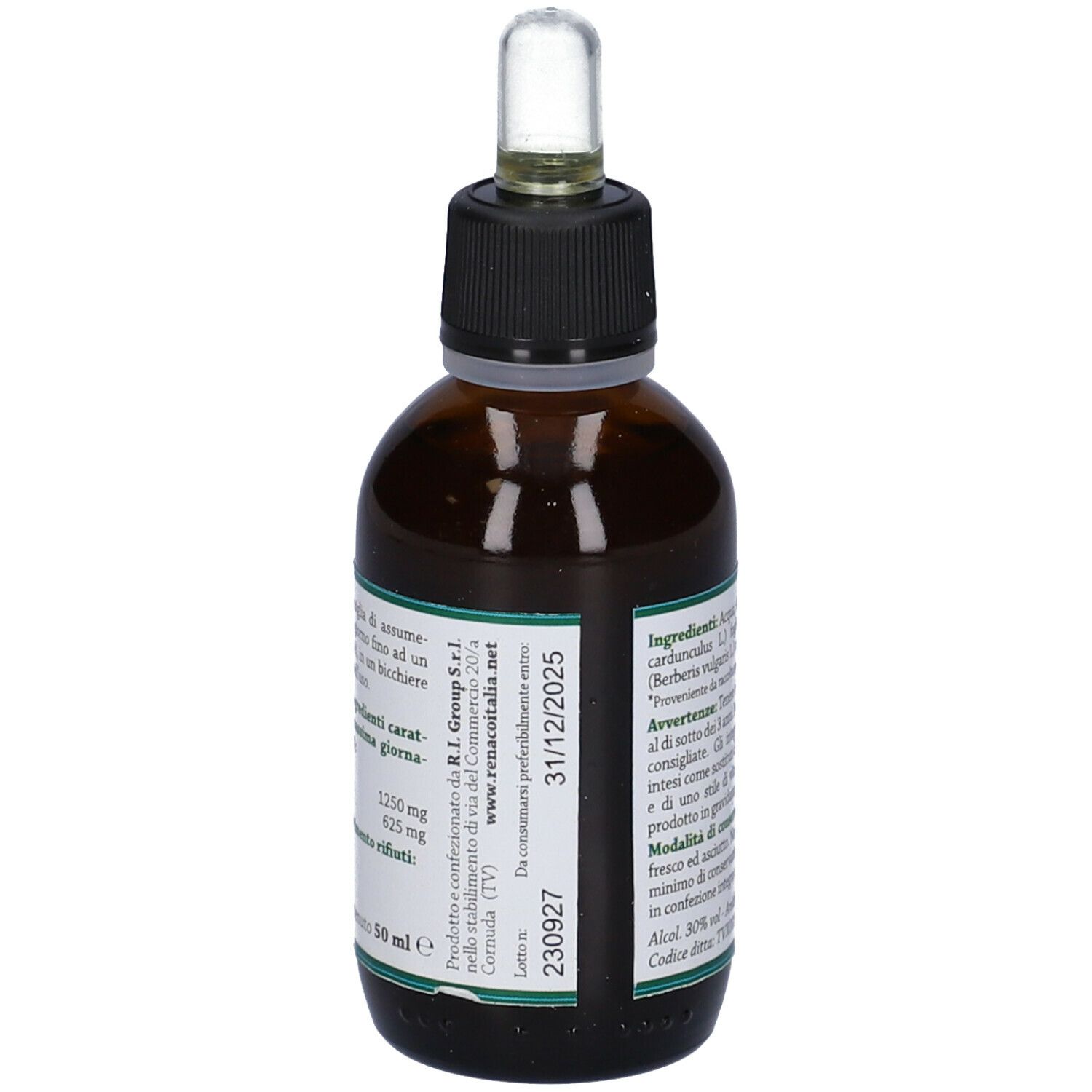 Citoyang Cardis Gocce 50 ml. Retro del flacone con ingredienti e avvertenze. Vetro marrone, tappo nero.