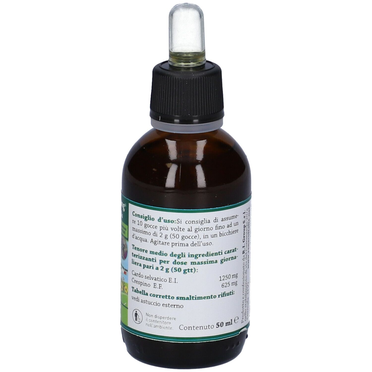 Citoyang Cardis Gocce 50 ml. Retro del flacone con ingredienti e avvertenze. Vetro marrone, tappo nero.