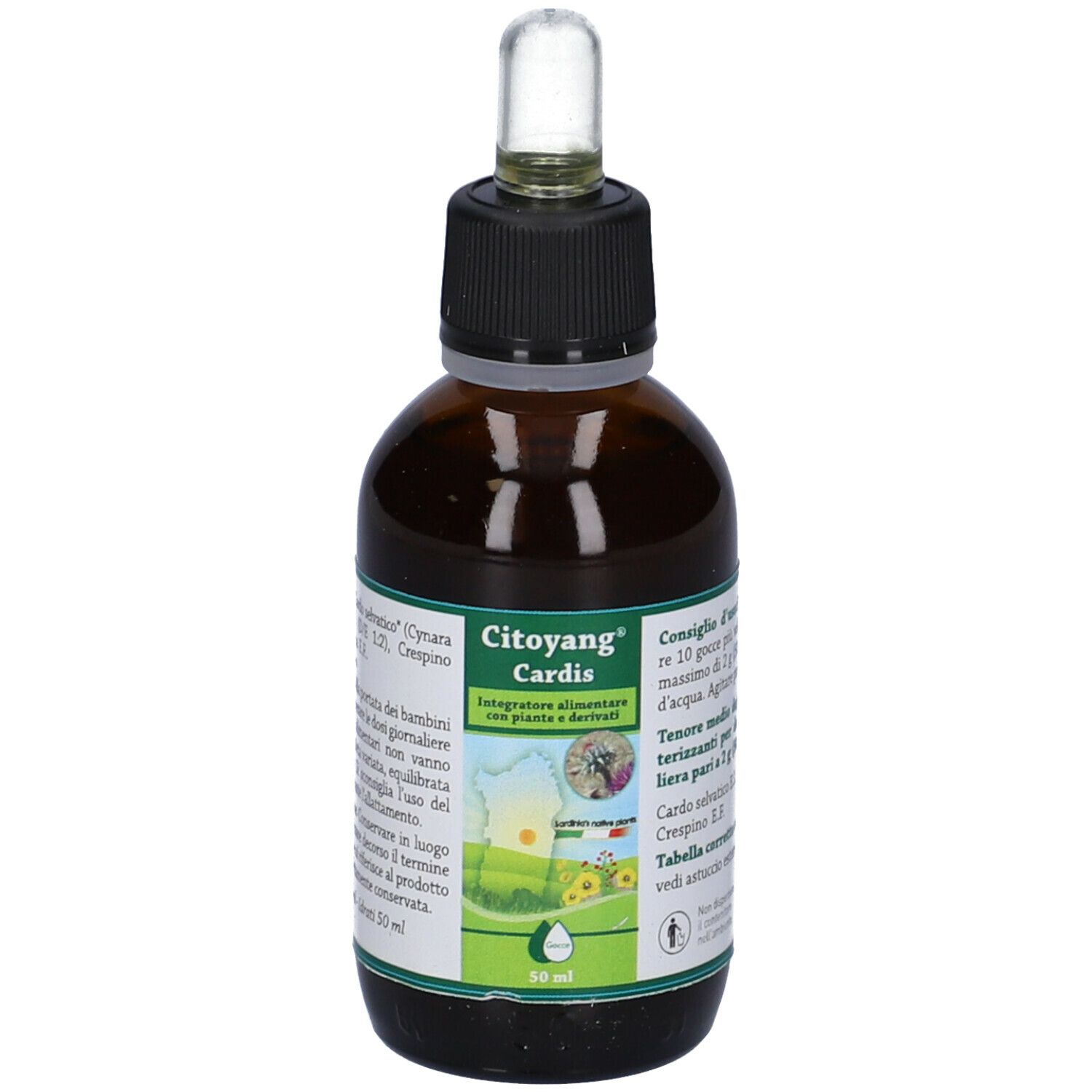 Citoyang Cardis Gocce 50 ml. Retro del flacone con ingredienti e avvertenze. Vetro marrone, tappo nero.