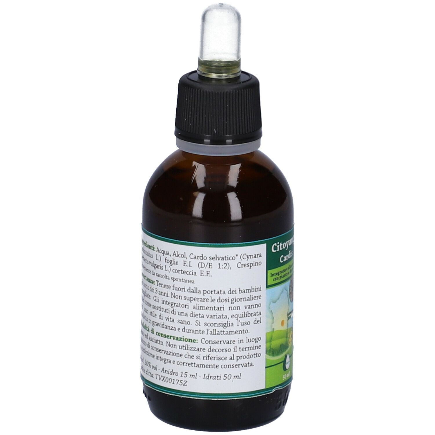 Citoyang Cardis Gocce 50 ml. Retro del flacone con ingredienti e avvertenze. Vetro marrone, tappo nero.