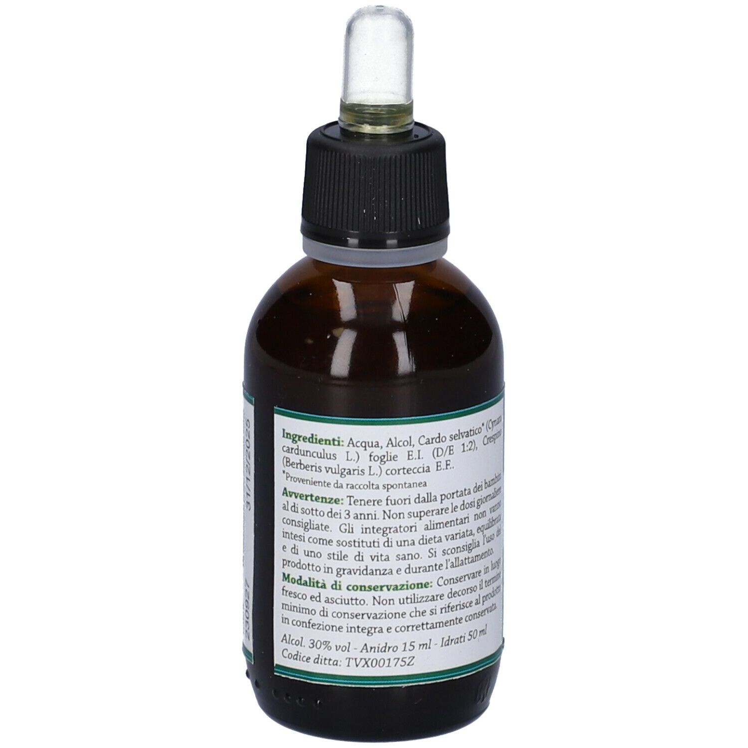 Citoyang Cardis Gocce 50 ml. Retro del flacone con ingredienti e avvertenze. Vetro marrone, tappo nero.