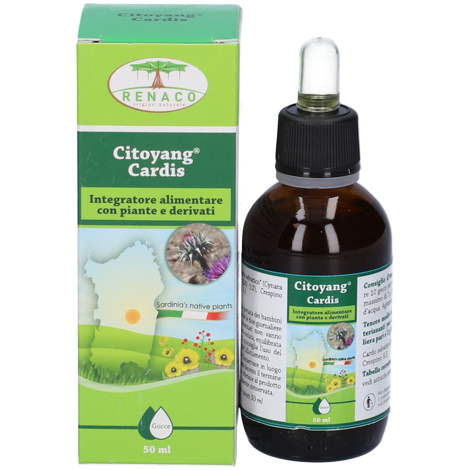 Citoyang Cardis Gocce 50 ml. Flacone e scatola. Flacone contagocce in vetro marrone, scatola verde con informazioni sul prodotto.