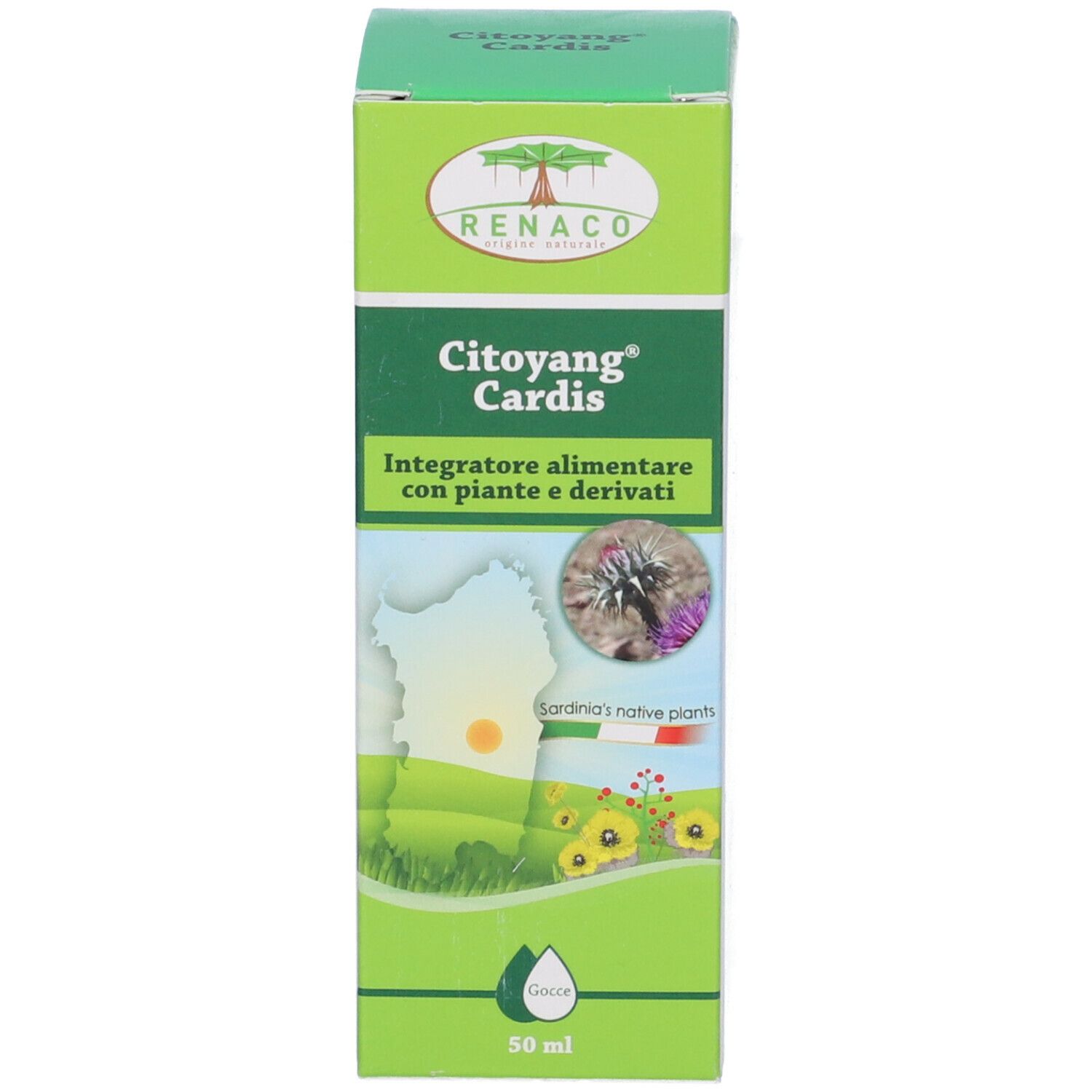 Citoyang Cardis Gocce 50 ml. Scatola verde. Nome del prodotto, logo, informazioni e indicazione 50 ml.