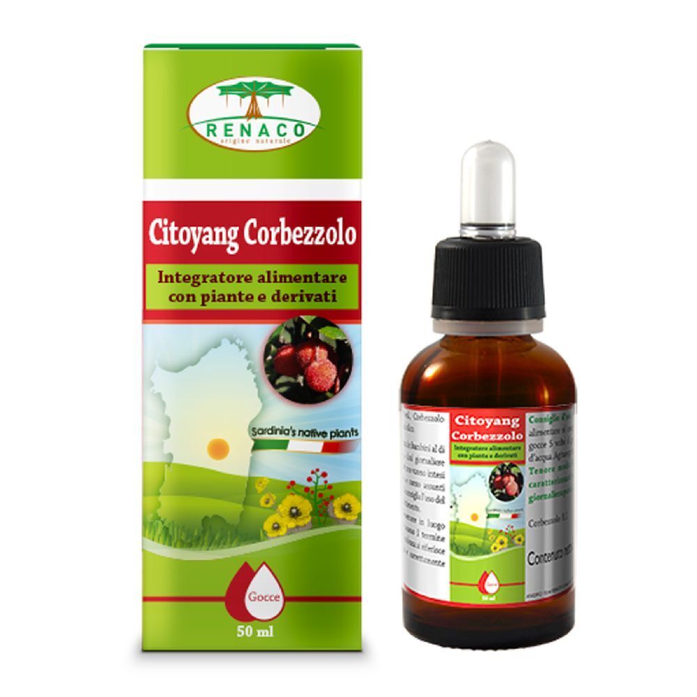 Flacone di vetro marrone con contagocce e scatola. Scritta: Citoyang Corbezzolo, 50 ml. Confezione verde e rossa.