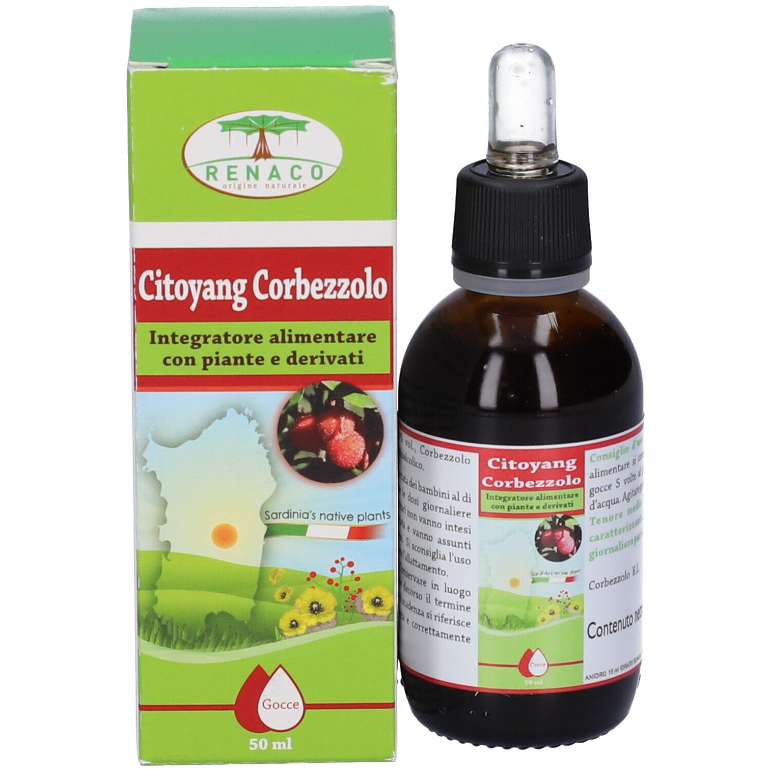 Flacone di vetro marrone con contagocce e scatola. Scritta: Citoyang Corbezzolo, 50 ml. Confezione verde e rossa.