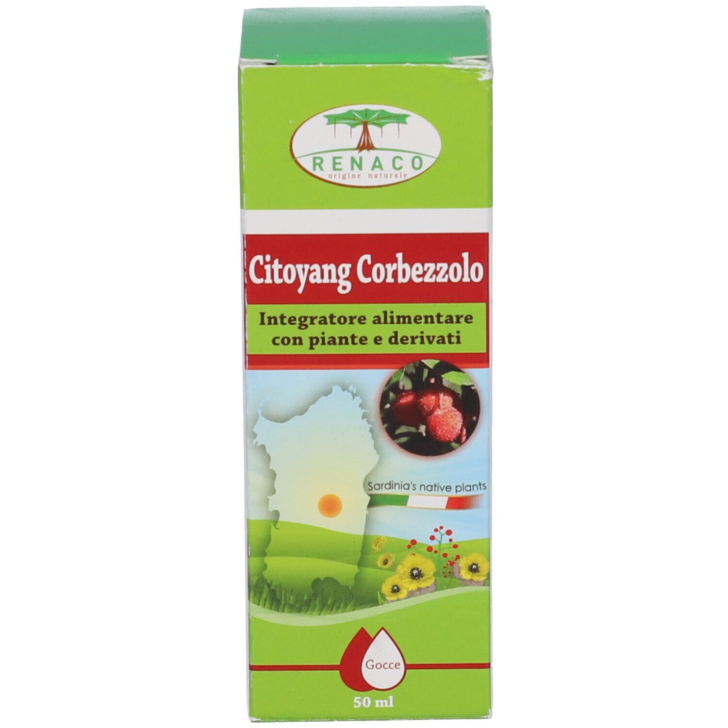 Scatola verde con scritta: Citoyang Corbezzolo. Grafica gocce rosse. 50 ml. Logo Renaco.