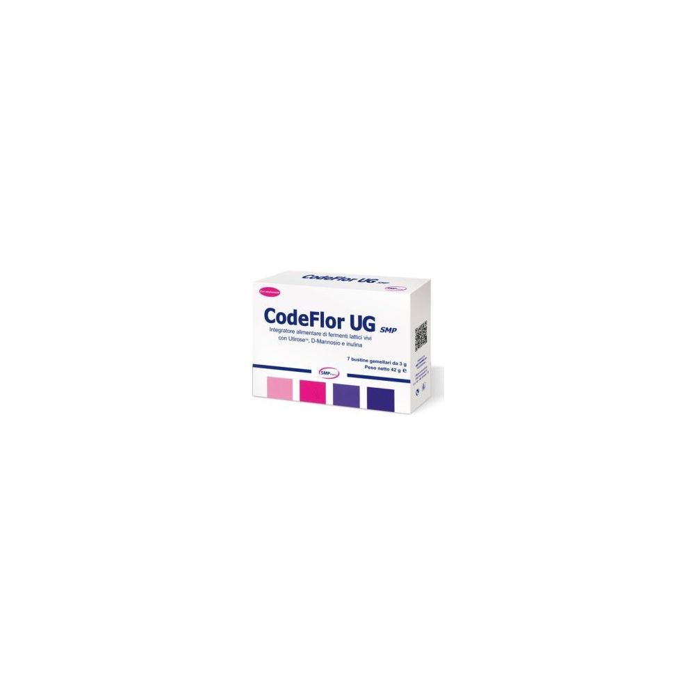 Confezione in cartone con nome prodotto CodeFlor UG SMP. Quadrati colorati in basso. Testo e logo su sfondo bianco.
