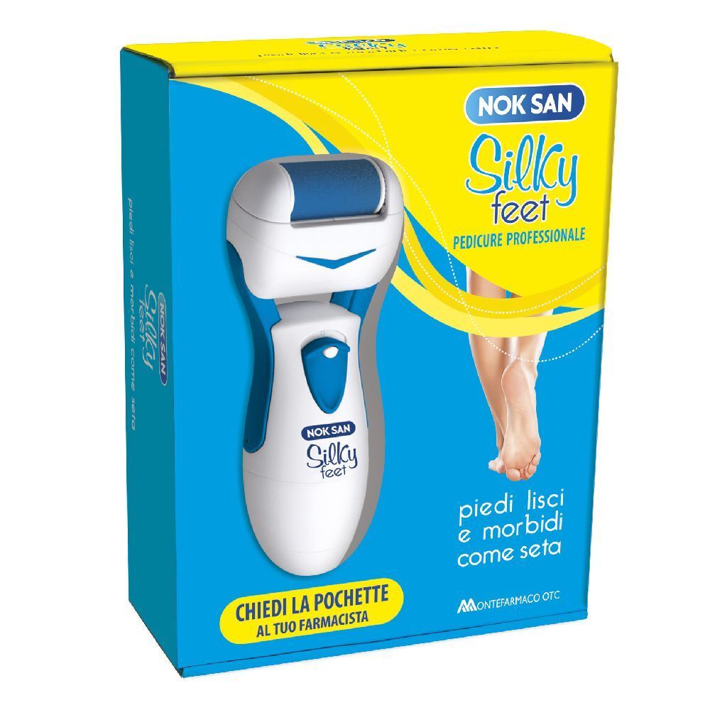 Rullo per pedicure elettrico in confezione. Dispositivo bianco e blu con la scritta Silky feet. Confezione gialla e blu con il nome del prodotto.