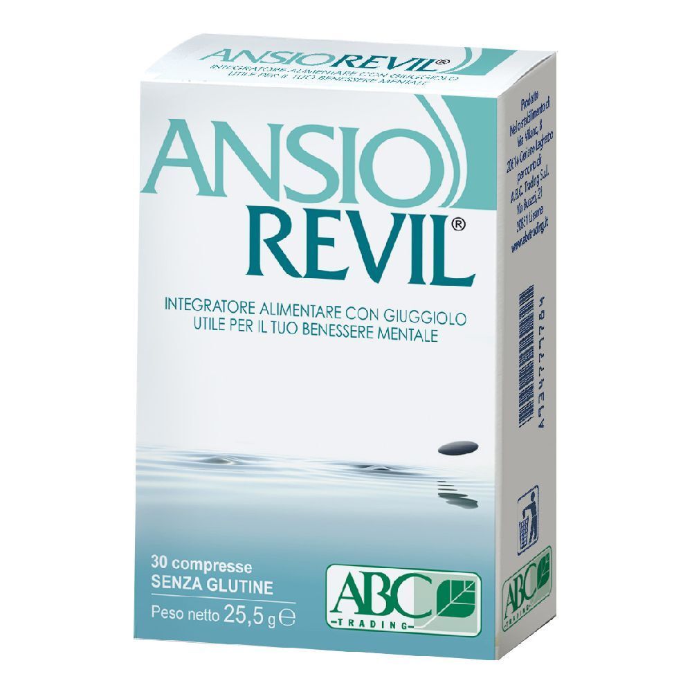Scatola di compresse 'ANSION REVIL'. 30 compresse, senza glutine. Logo ABC Trading.