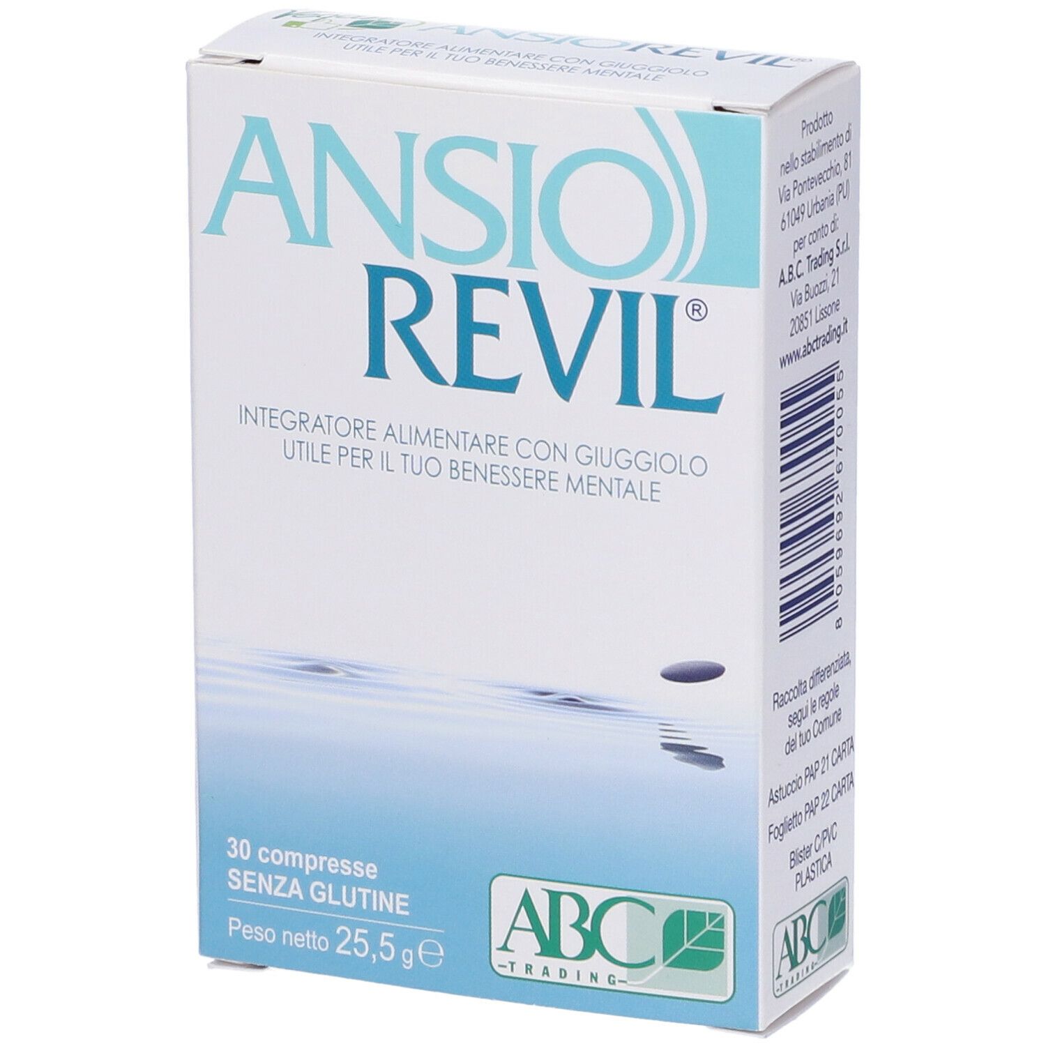Scatola 'ANSION REVIL' con testo. 30 compresse, senza glutine. Logo ABC Trading.
