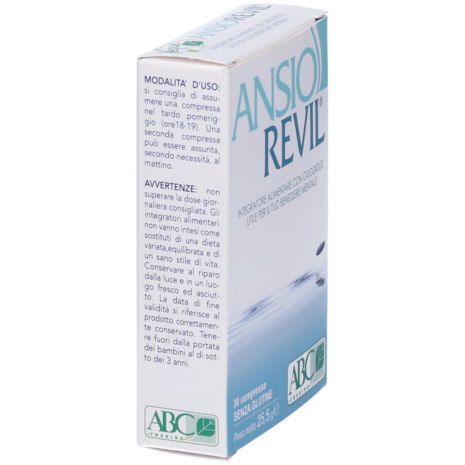 Scatola 'ANSION REVIL', vista laterale. Testo e logo ABC Trading. 30 compresse.