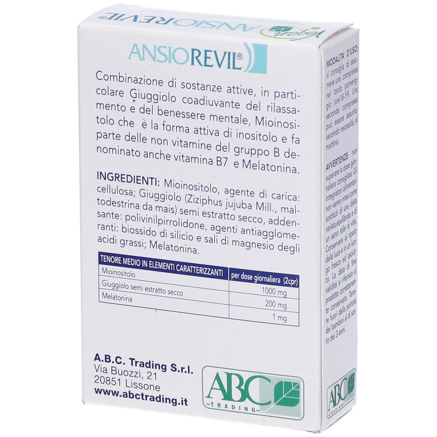 Retro della scatola 'ANSION REVIL'. Elenco ingredienti e informazioni nutrizionali. Logo ABC Trading.