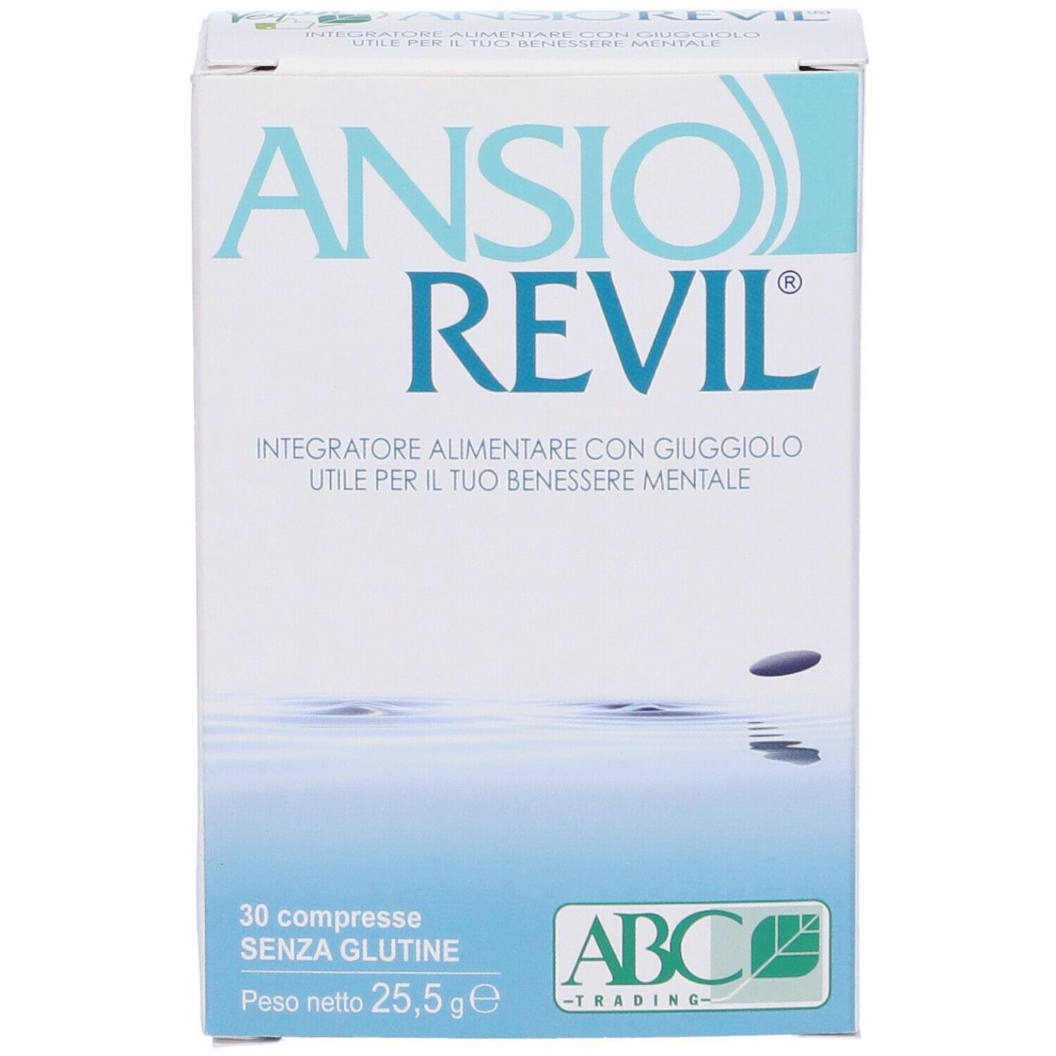 Scatola 'ANSION REVIL'. 30 compresse, senza glutine. Logo ABC Trading.