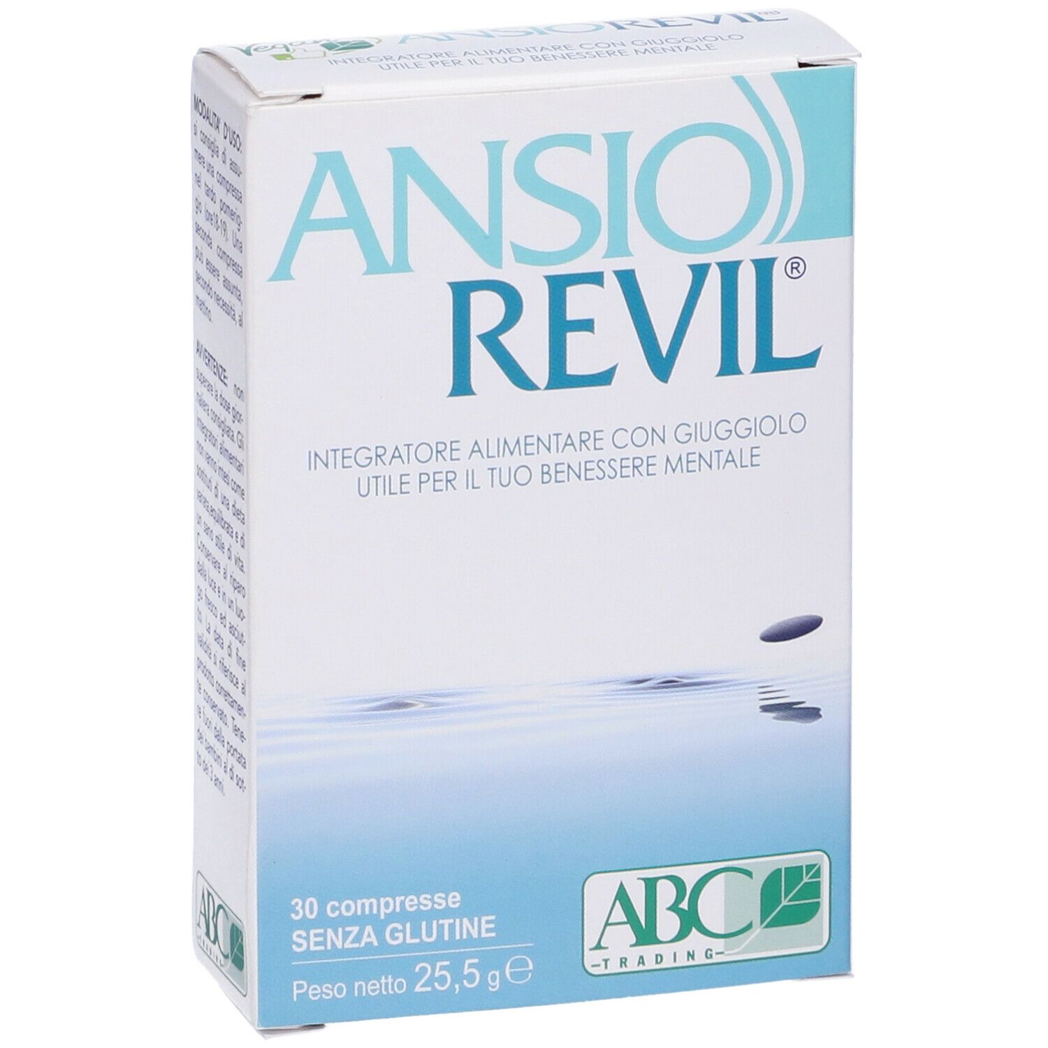 Scatola 'ANSION REVIL'. 30 compresse, senza glutine. Logo ABC Trading.