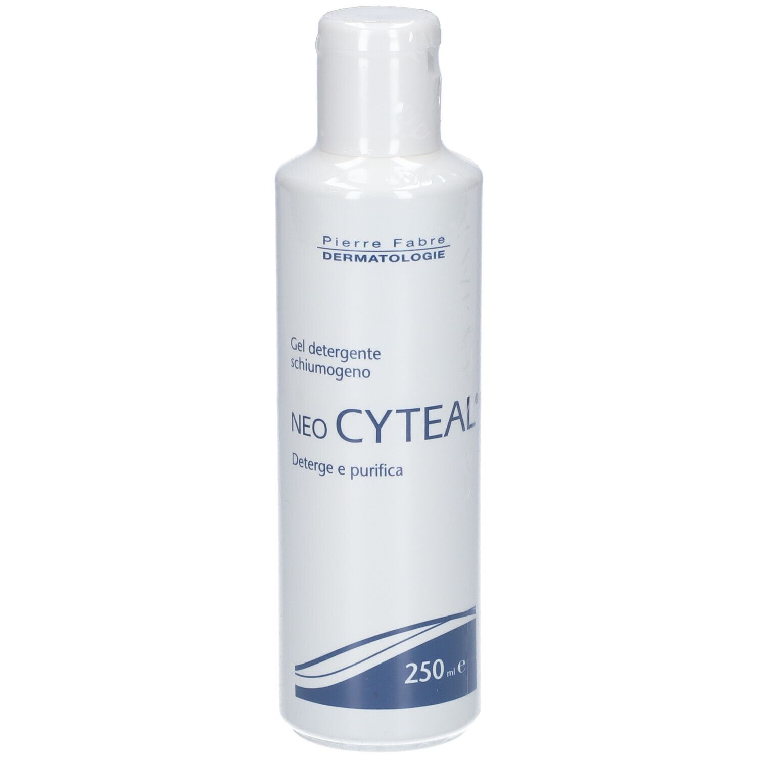 Weiße Flasche mit NEO CYTEAL-Etikett. Pierre Fabre Dermatologie. Gel detergente schiumogeno. 250 ml.