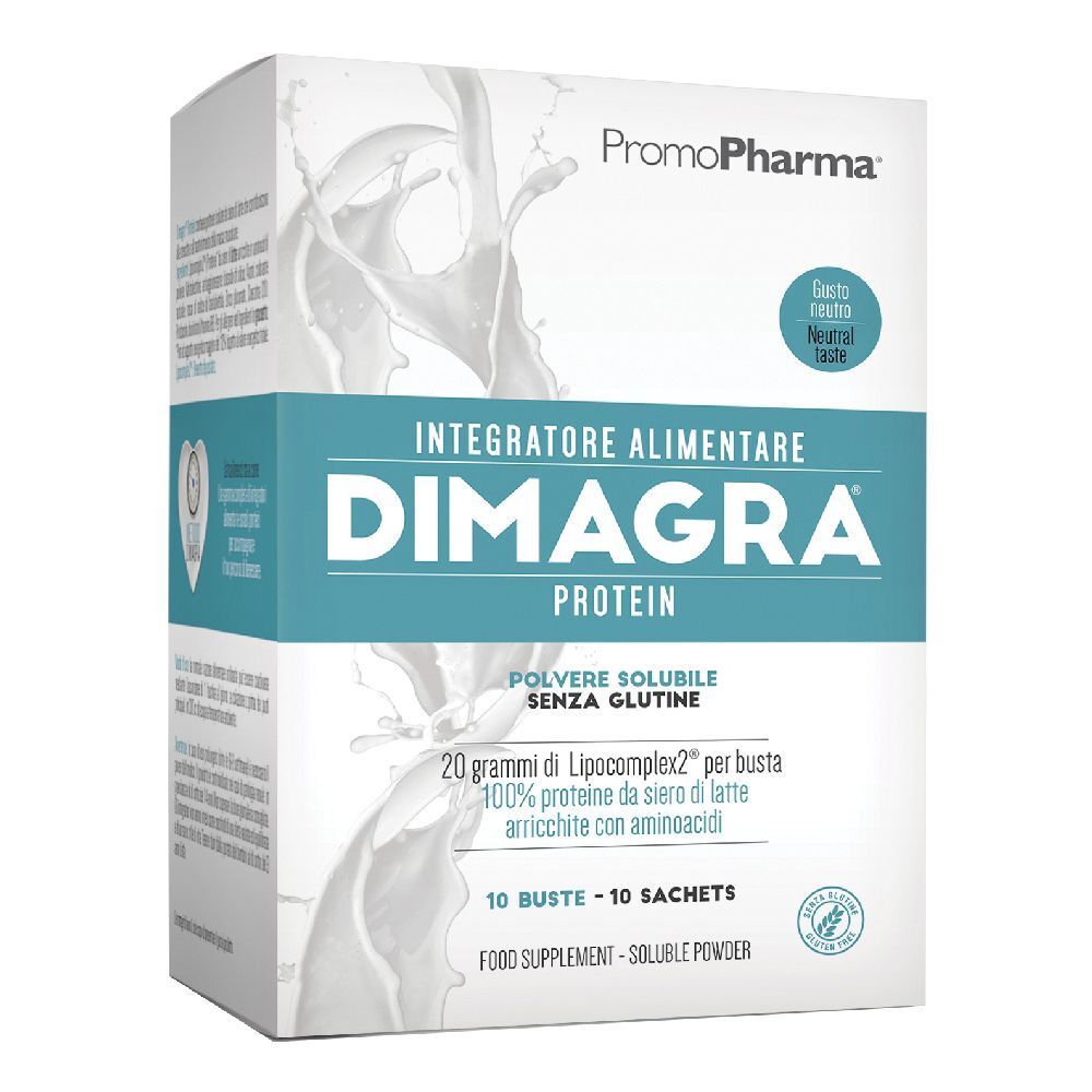 Scatola di Dimagra Protein. Scritto: 'Integratore Alimentare', 'Polvere solubile senza glutine'. 10 bustine.