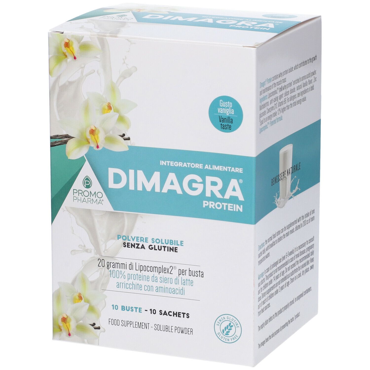 Scatola Dimagra Protein gusto vaniglia. Scritto: 'Integratore Alimentare', 'Polvere solubile senza glutine'. 10 bustine.