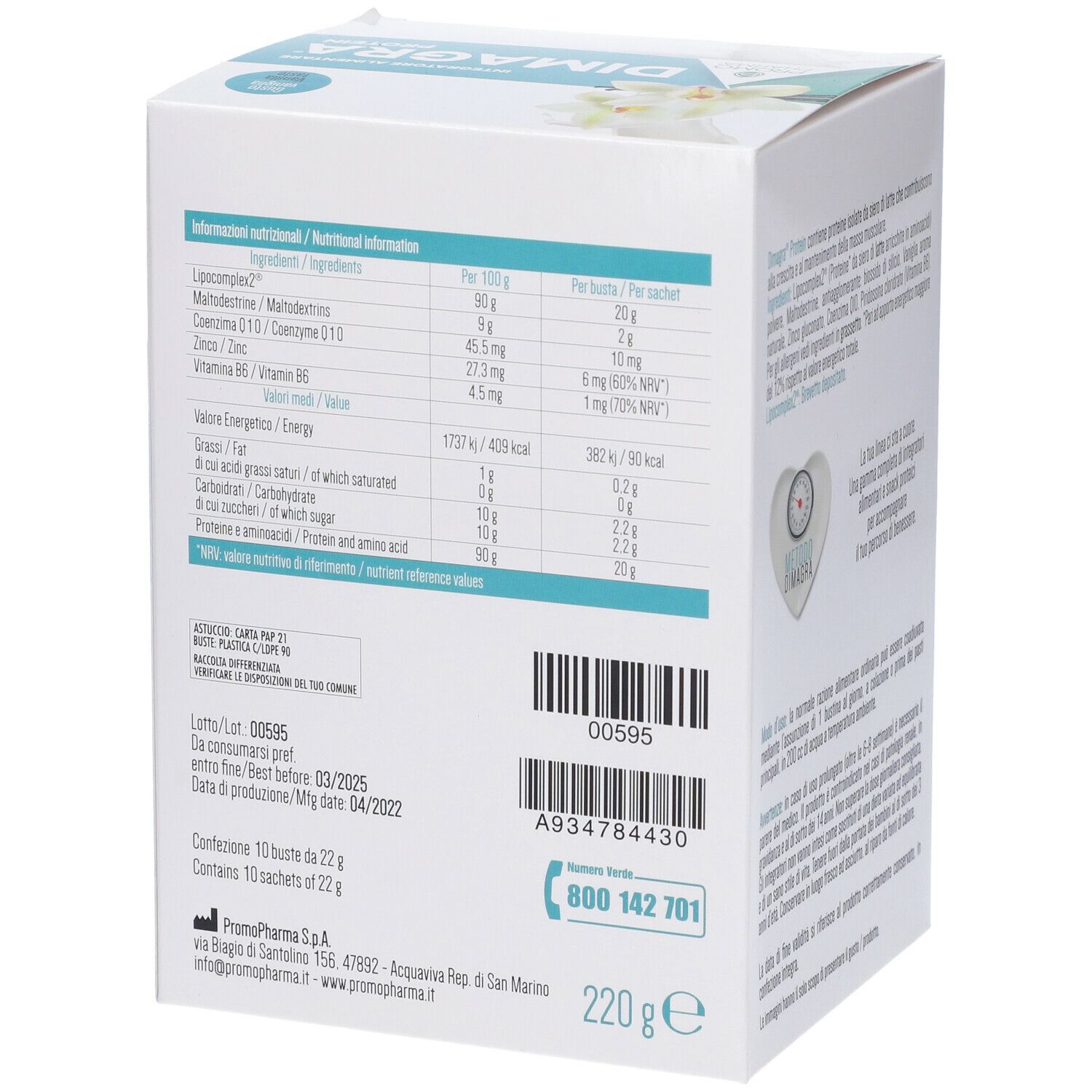 Scatola Dimagra Protein, retro. Contiene informazioni nutrizionali, numero di lotto e contatti. 10 bustine.