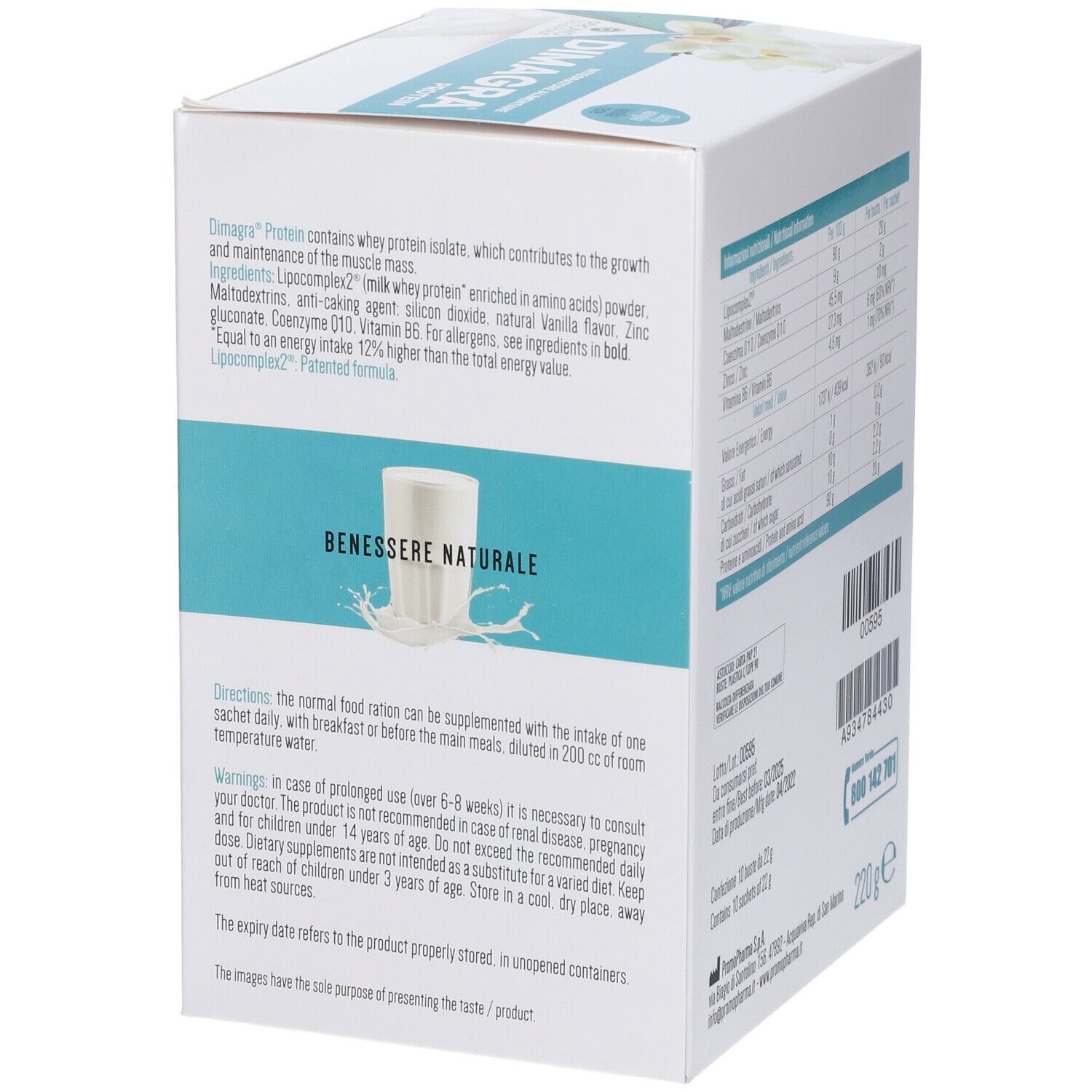 Scatola Dimagra Protein, retro. Contiene istruzioni per l'uso e avvertenze. 10 bustine.