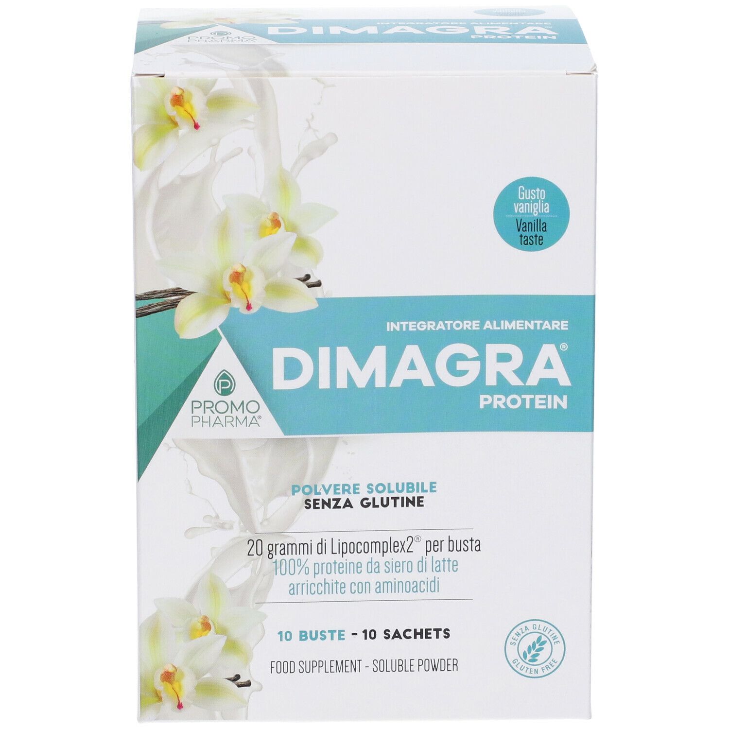 Scatola Dimagra Protein gusto vaniglia. Scritto: 'Integratore Alimentare', 'Polvere solubile senza glutine'. 10 bustine.