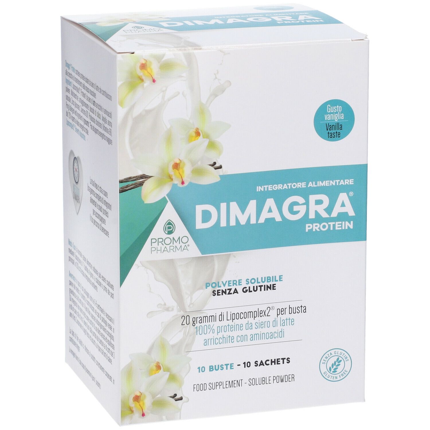 Scatola Dimagra Protein gusto vaniglia. Scritto: 'Integratore Alimentare', 'Polvere solubile senza glutine'. 10 bustine.