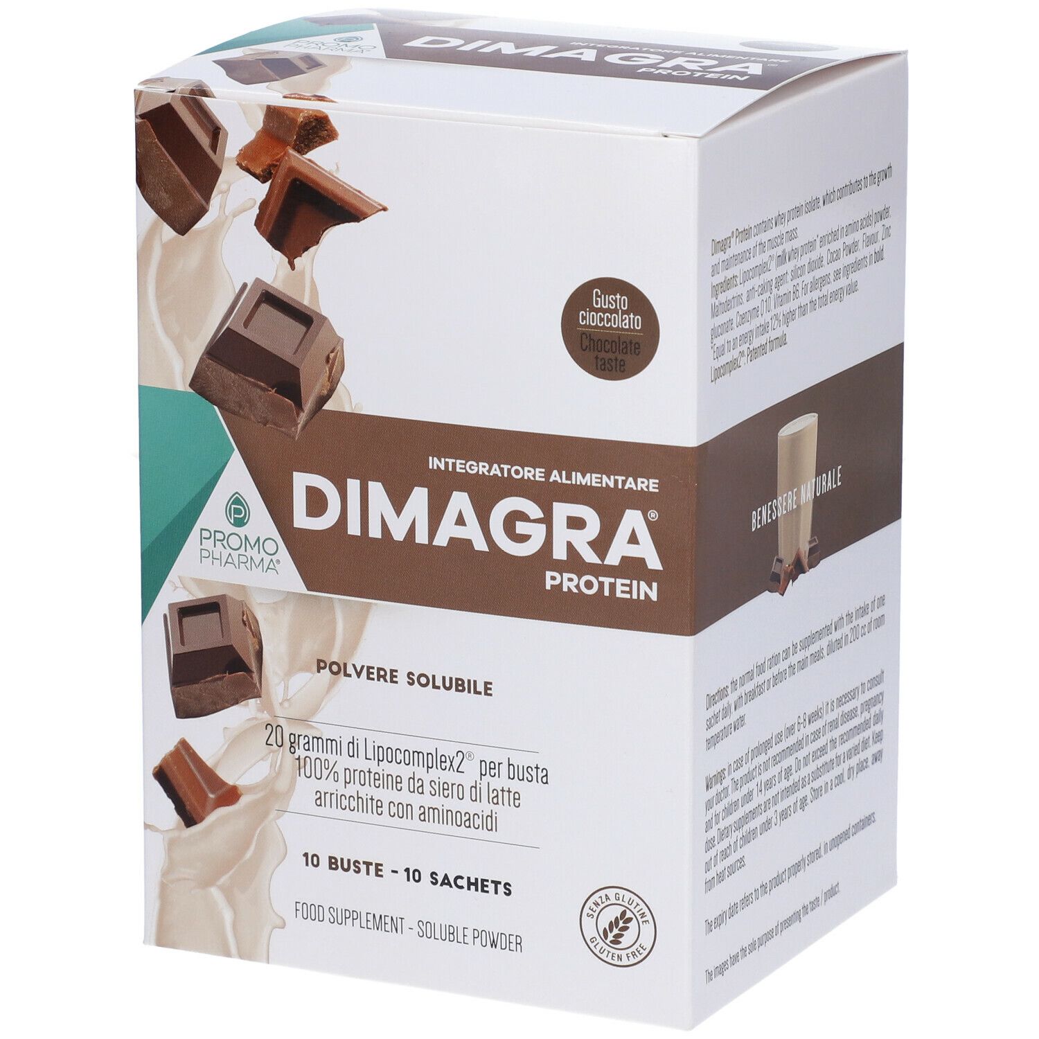PromoPharma Dimagra Protein Cioccolato. Confezione con testo e logo. 10 bustine, polvere solubile.