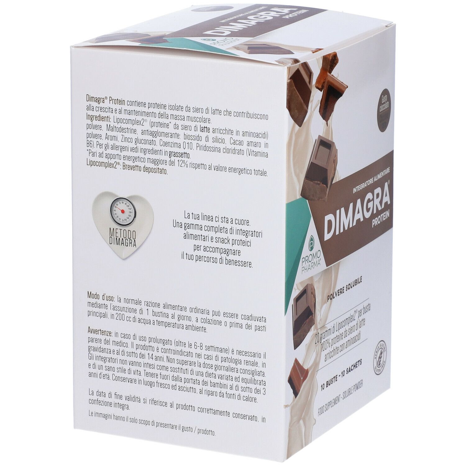 PromoPharma Dimagra Protein Cioccolato. Confezione con testo e ingredienti. Vista posteriore.