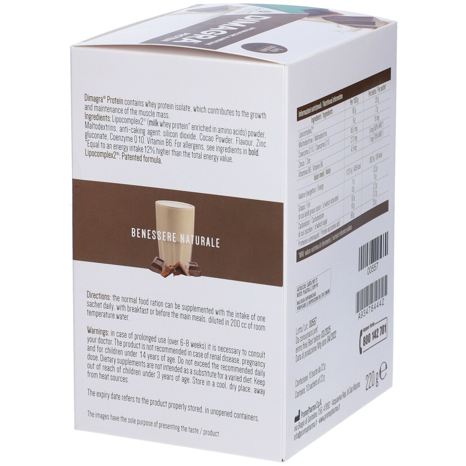 PromoPharma Dimagra Protein Cioccolato. Confezione con testo e ingredienti. Vista dettagliata.