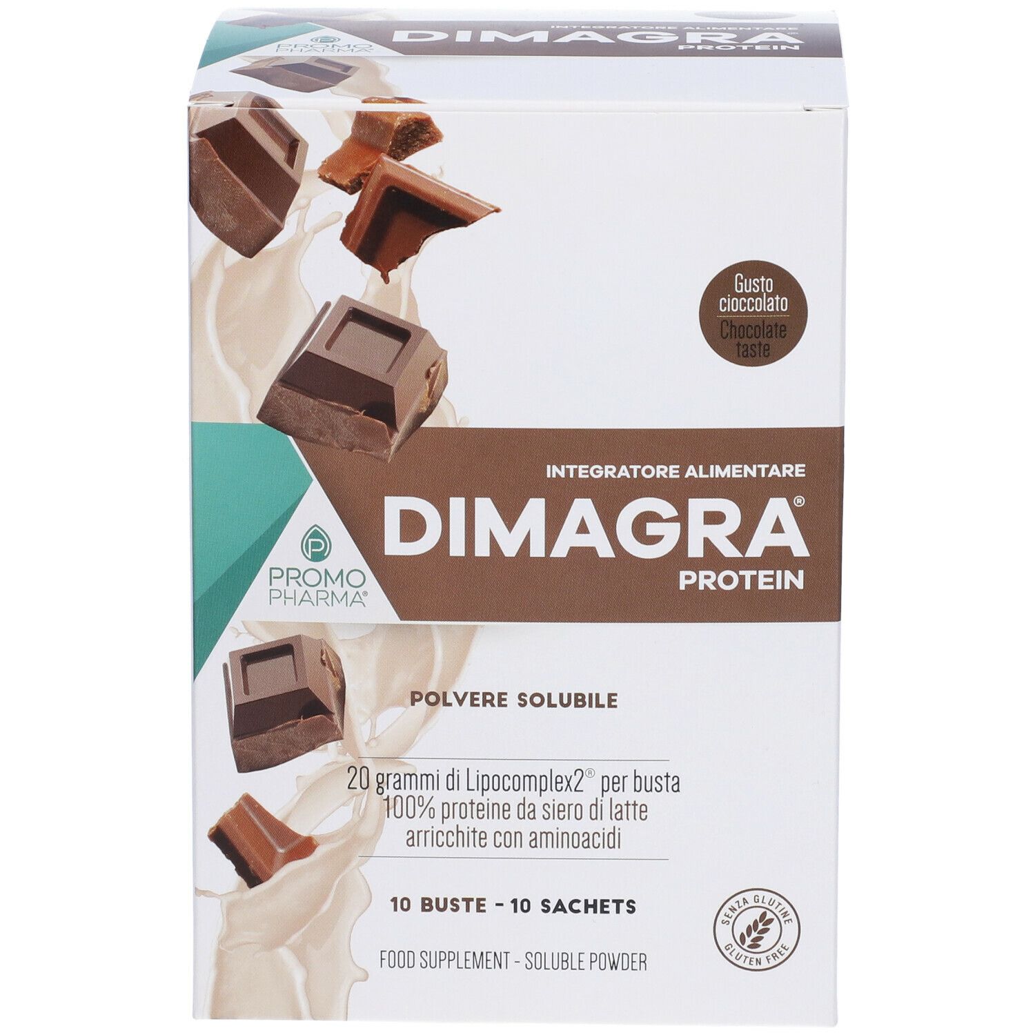 PromoPharma Dimagra Protein Cioccolato. Confezione con testo e logo. 10 bustine, polvere solubile.