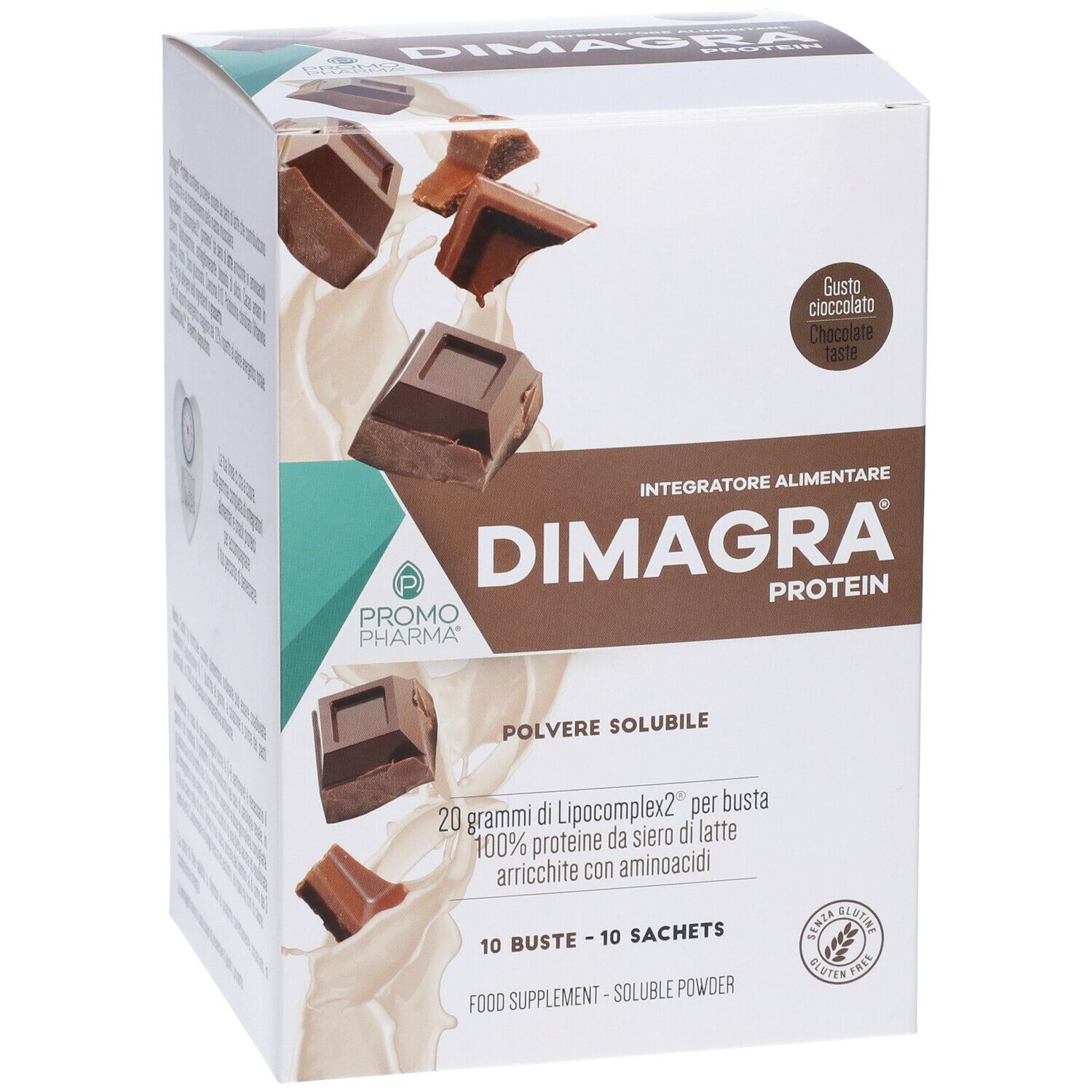 PromoPharma Dimagra Protein Cioccolato. Confezione con testo e logo. 10 bustine, polvere solubile.