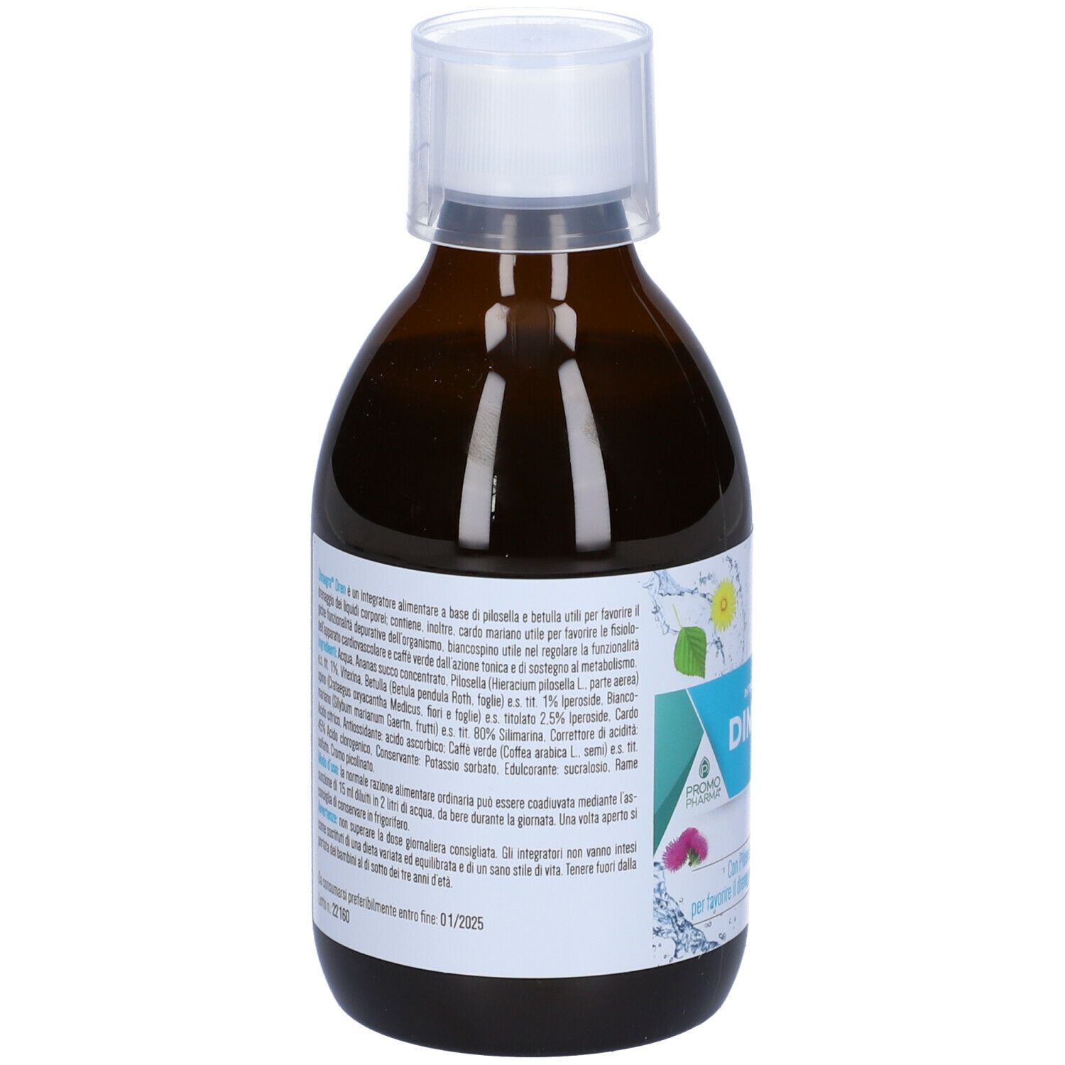 Bottiglia marrone con tappo bianco. Etichetta con informazioni sul prodotto e ingredienti.