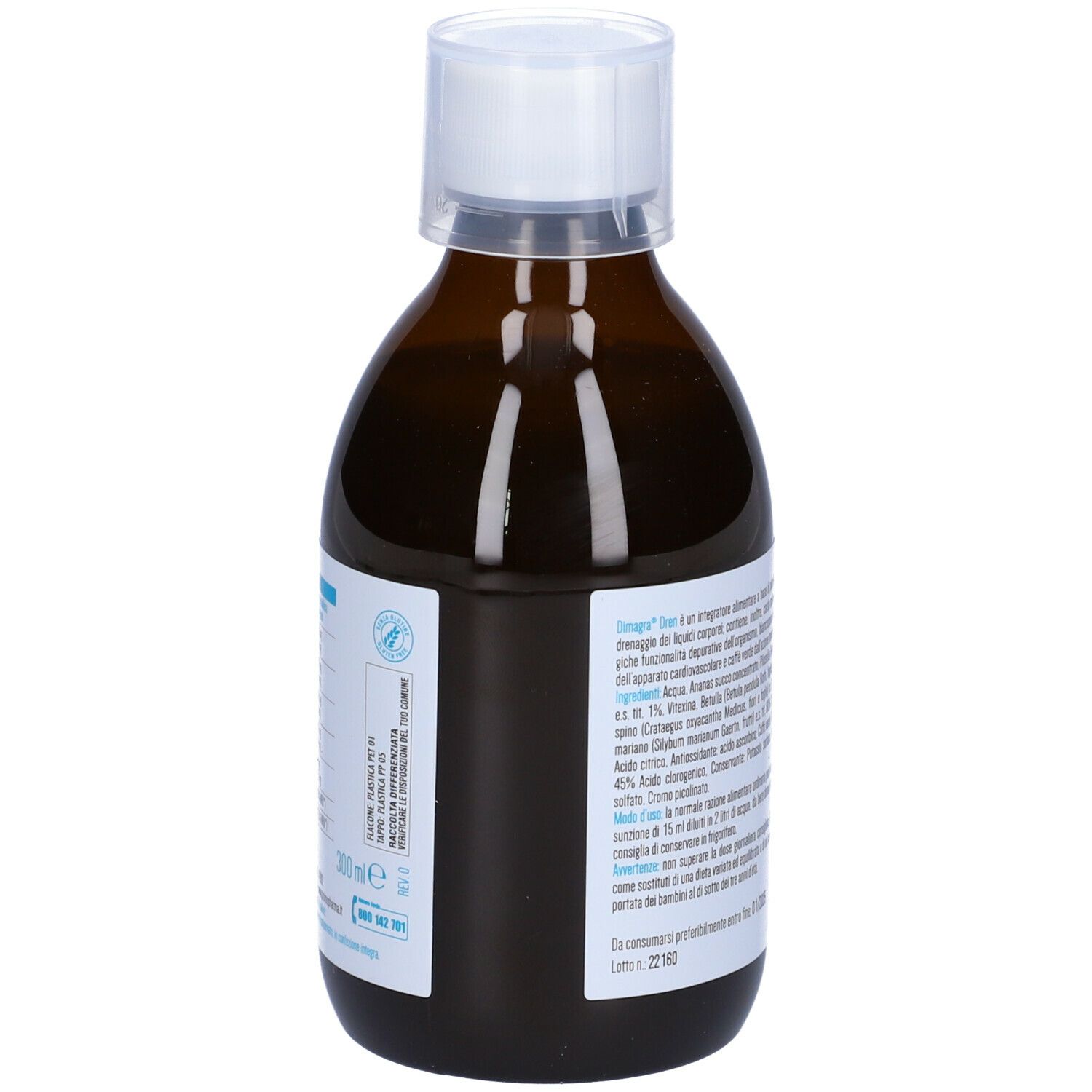 Bottiglia marrone con tappo bianco. Etichetta con informazioni sul prodotto e ingredienti.