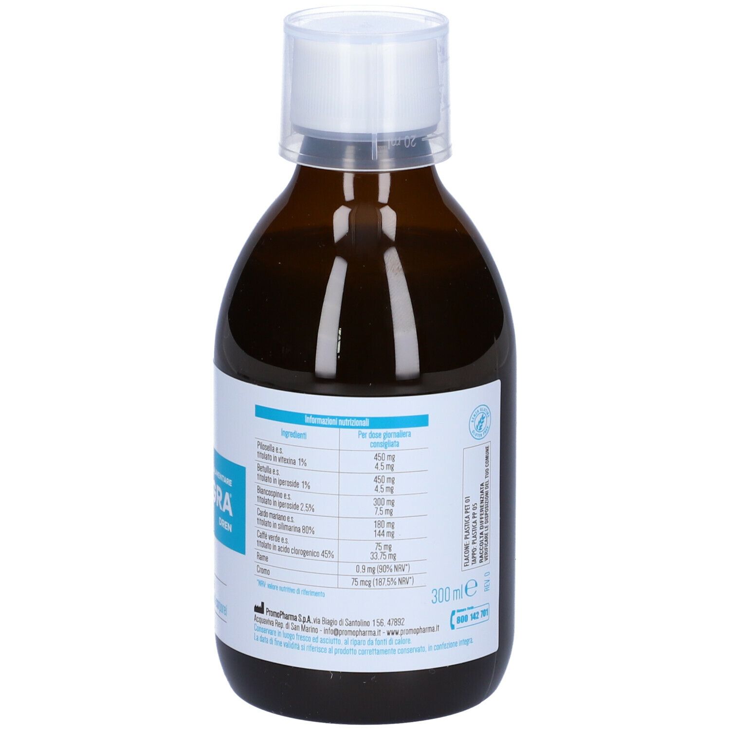 Bottiglia marrone con tappo bianco. Etichetta con informazioni nutrizionali e ingredienti.