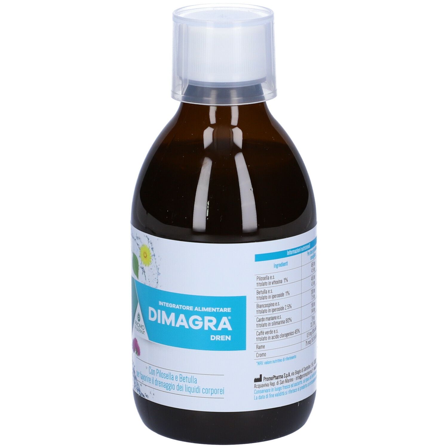 Bottiglia marrone con tappo bianco. Scritta DIMAGRA Dren. Etichetta con informazioni sul prodotto.