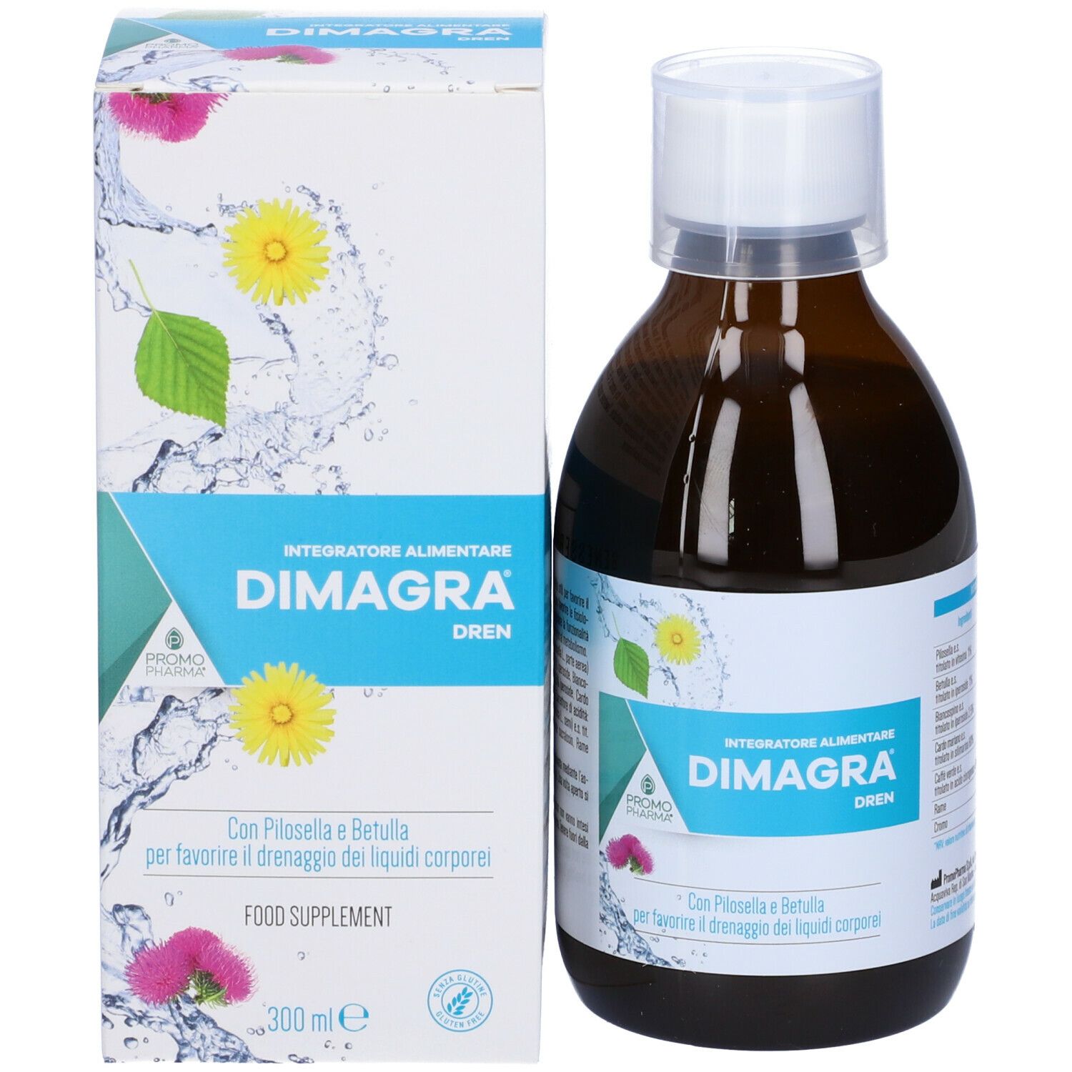 Bottiglia marrone e scatola bianca. Scritta DIMAGRA Dren. Confezione del prodotto.