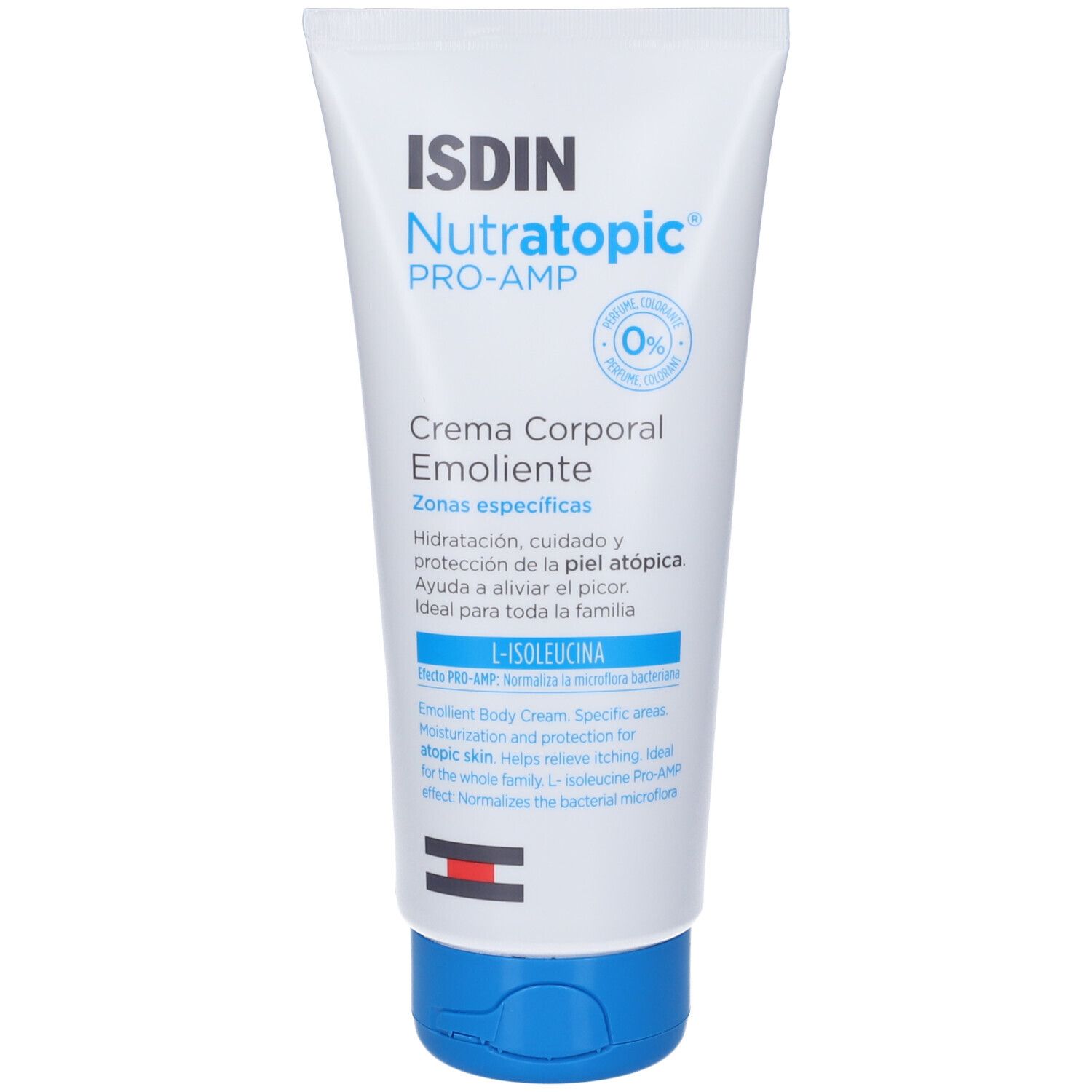 Creme-Tube mit weißem Hintergrund. Aufschrift: ISDIN Nutratopic PRO-AMP, Creme für den Körper, Emollient.