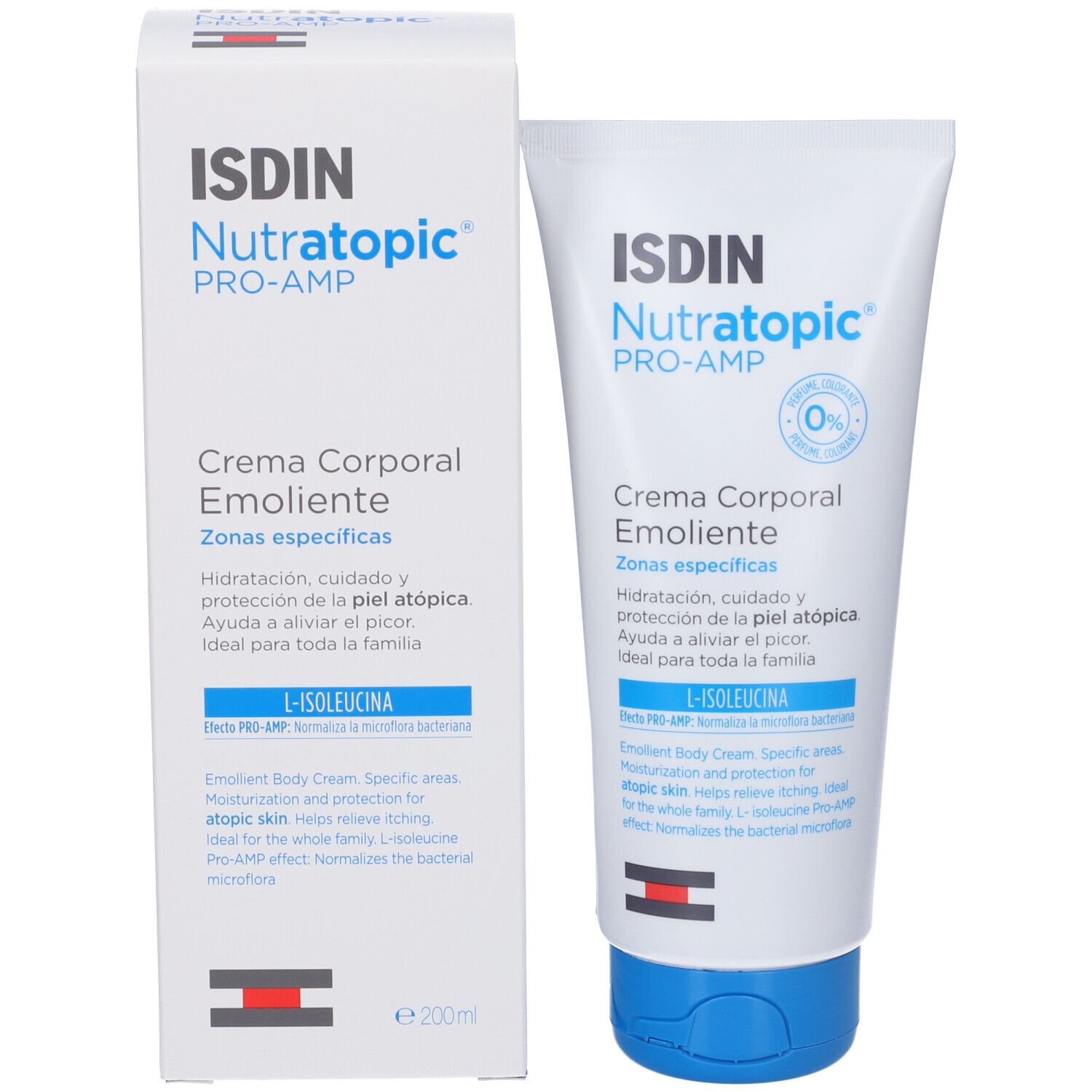 Produktverpackung mit Tube und Schachtel. Aufschrift: ISDIN Nutratopic PRO-AMP, Creme für den Körper, Emollient.