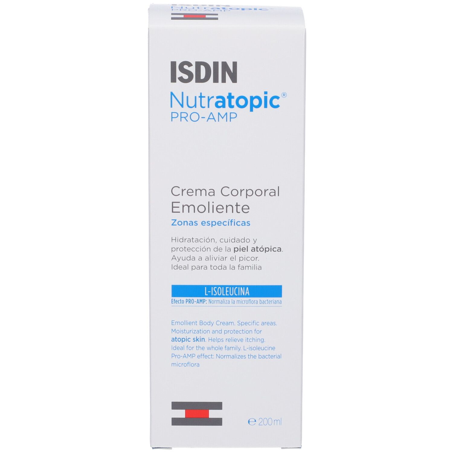 Weiße Schachtel mit Aufschrift: ISDIN Nutratopic PRO-AMP, Creme für den Körper, Emollient.