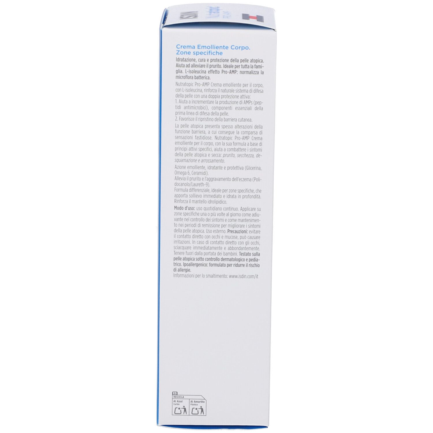 Seite der Produktverpackung. Text in mehreren Sprachen. Blauer Streifen.