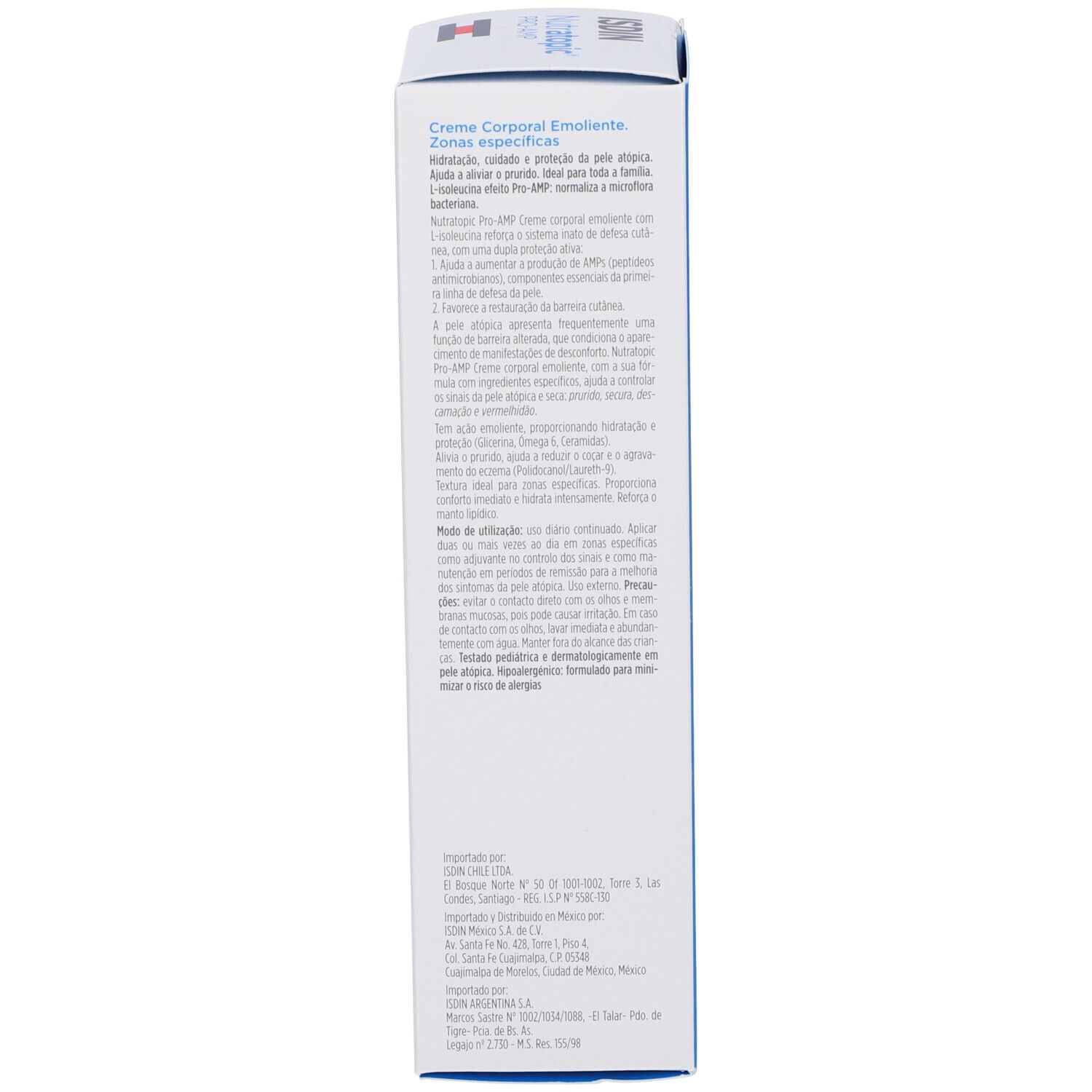 Seite der Produktverpackung. Text in mehreren Sprachen. Blauer Streifen. Importeur-Informationen.
