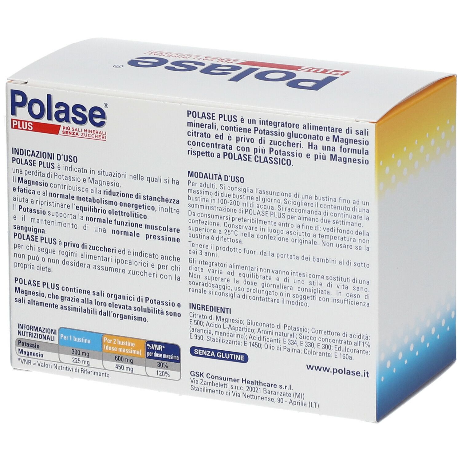Boîte Polase Plus. Dos avec texte et ingrédients. Complément alimentaire.